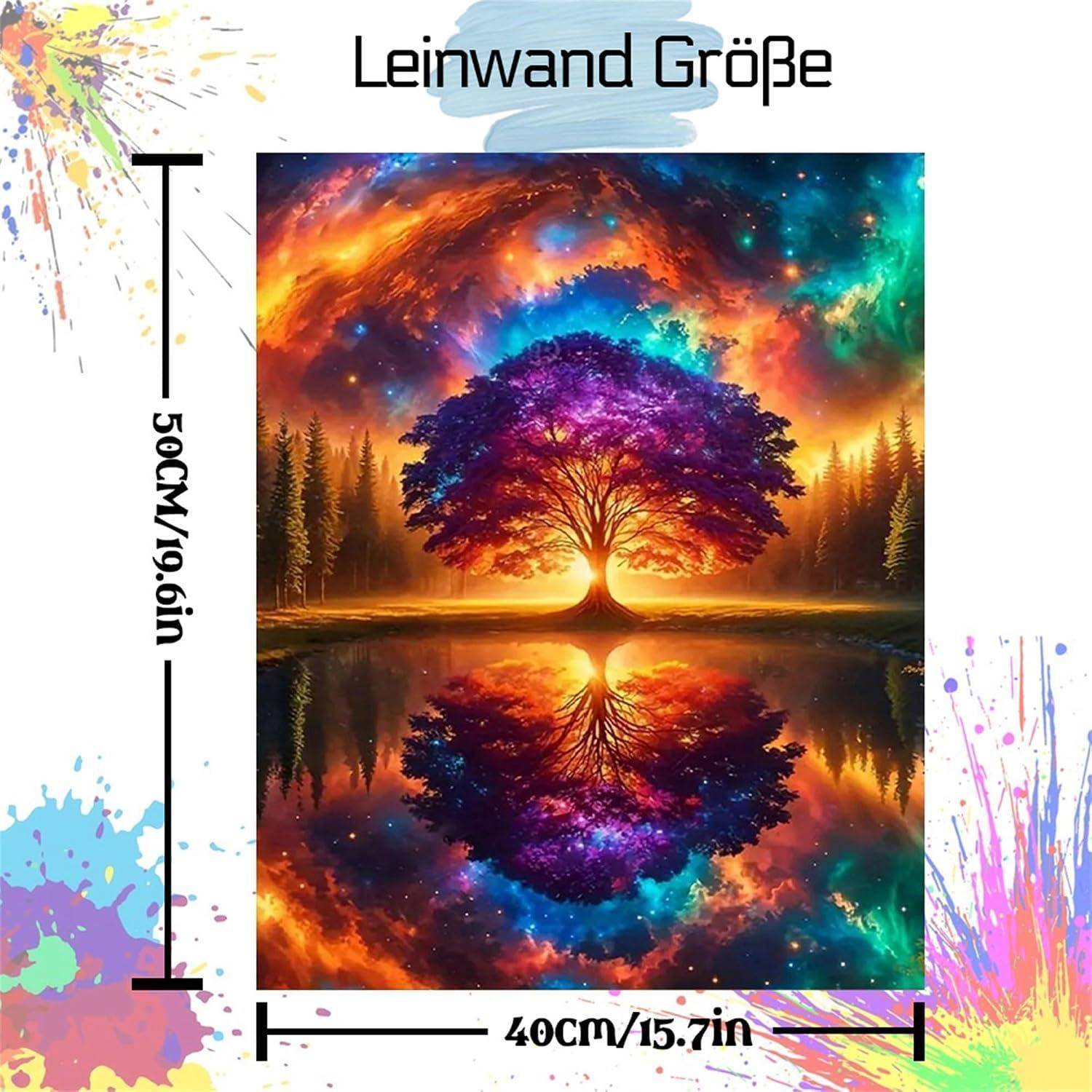 Plakatgrößentabelle zeigt „Leinwand Größe" mit den Abmessungen 50CM/19,6 Zoll Höhe und 40CM/15,7 Zoll Breite, zusammen mit einer farbenfrohen Baummotiv-Kunstvorschau.