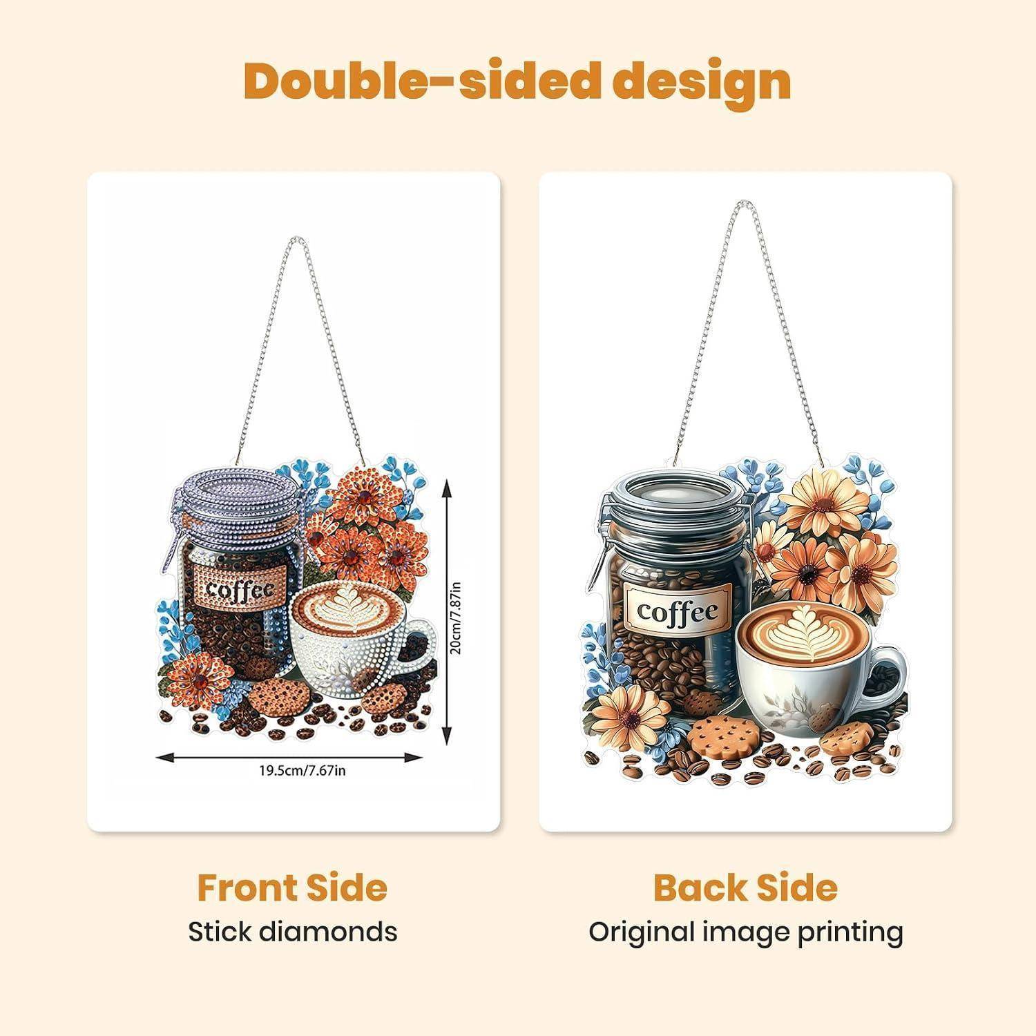 Vergleichsgrafik eines beidseitigen kaffeegestalteten Designs: Vorderseite ist Stickdiamananten, Rückseite ist originalgetreuer Bilddruck.