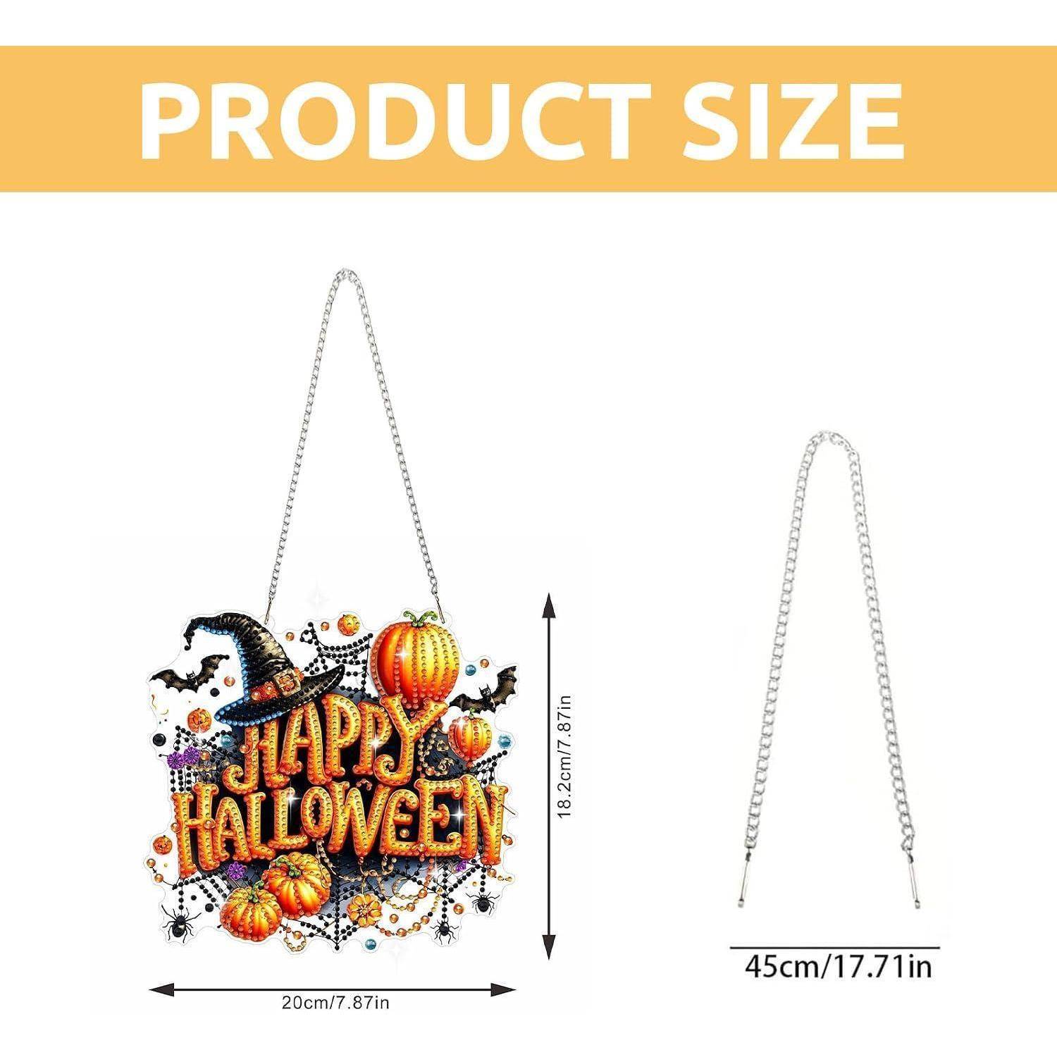 Produktgrößendiagramm für eine Halloween-Hängdekorationstasche mit gedrucktem "Happy Halloween""-Design in einer Breite von 20 cm und einer Höhe von 18,2 cm. Die Kettenlänge beträgt 45 cm.