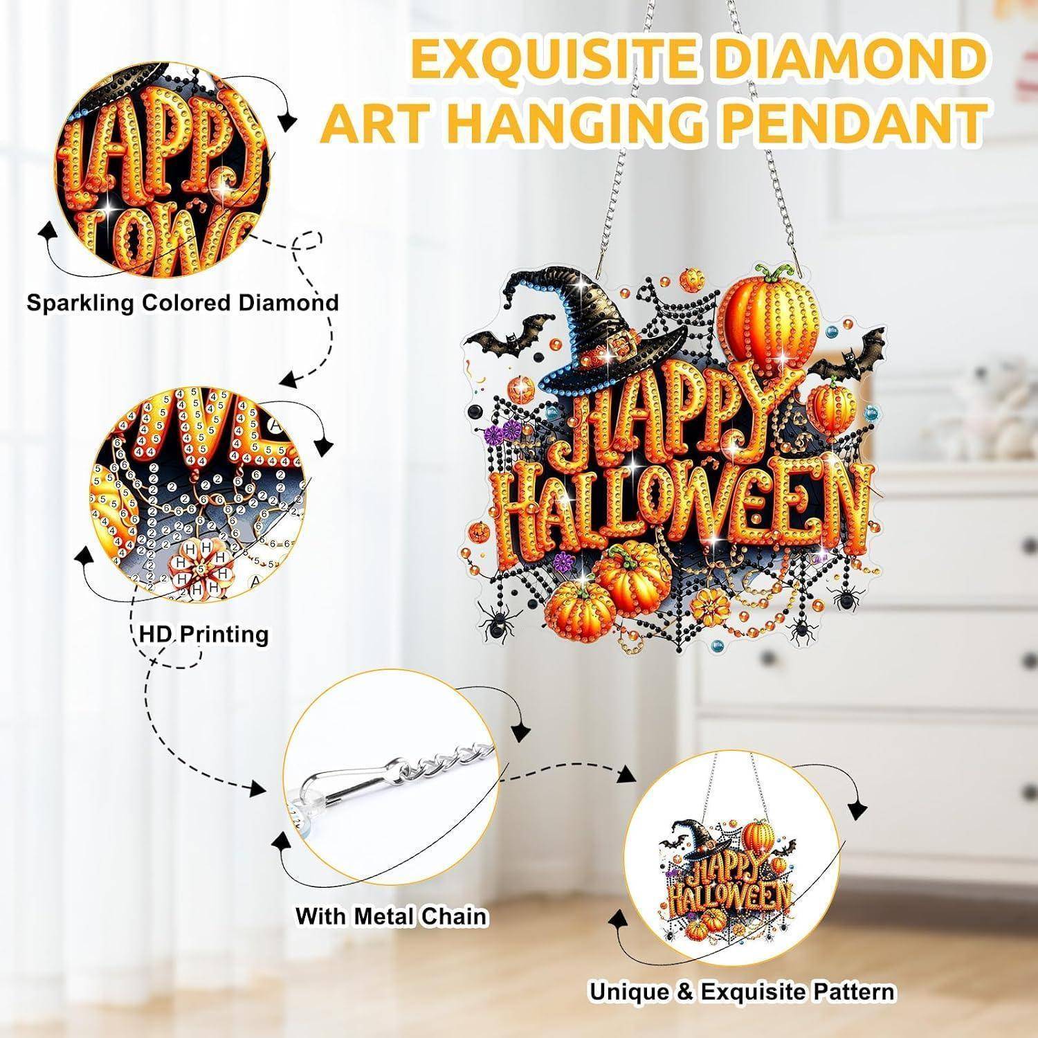 Werbegrafik für einen "Exquisiten Diamant-Kunstanhänger zum Aufhängen"" mit einem dekorativen ""Glückliches Halloween""-Schild mit Kürbissen, Fledermaus und Metallkette, plus detaillierte Nahaufnahmen-Beschriftungen.
