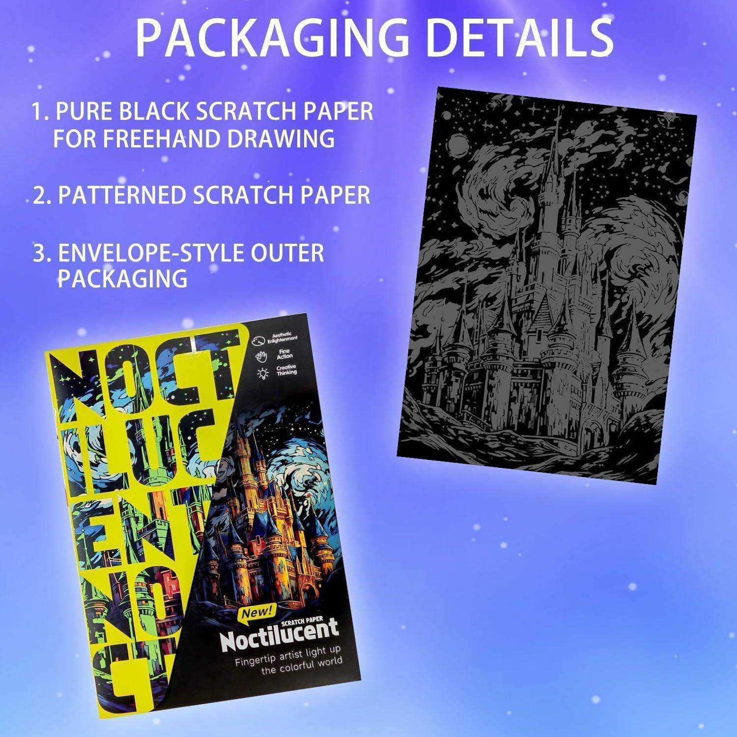 Verpackungsdetails für ein Kratzbild-Set: reines schwarzes Kratzbrett, gemustertes Kratzbrett und umschlagähnliche Außenverpackung, gezeigt mit Beispielcover-Art und einem Schlossdesign.