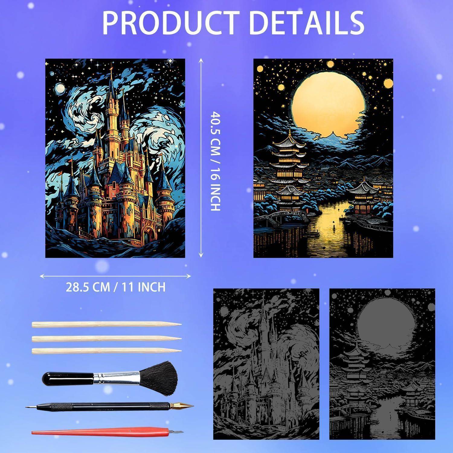 Produktdetails zeigen zwei 28,5 x 40,5 cm Kunstdrucke, plus drei Pinsel und zwei Schwarzweiß-Vorschauversionen der gleichen Designs.