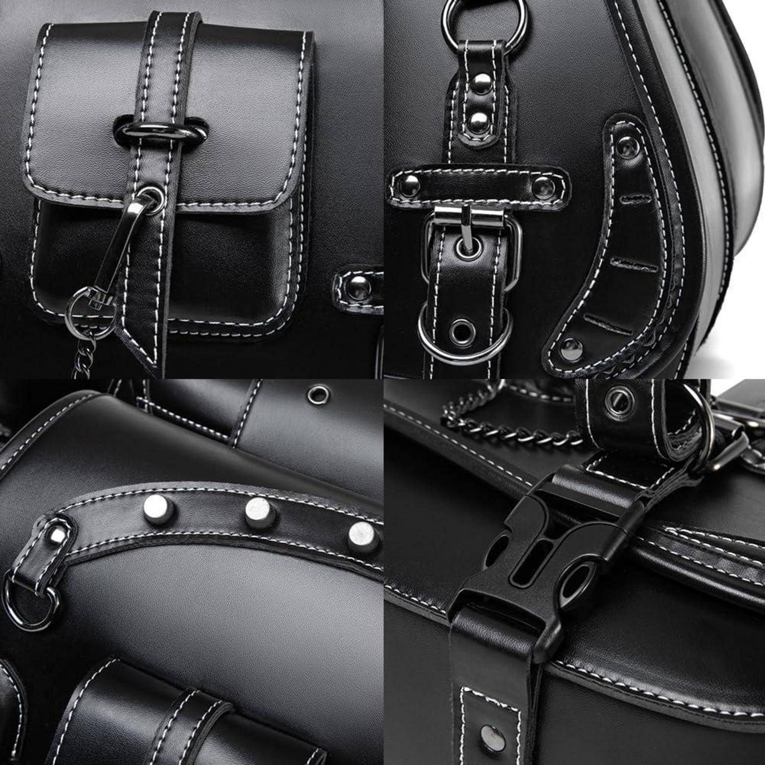 Nahaufnahme-Collage einer schwarzen Ledertasche mit genähten Riemen, Schnallen, Nieten und Metallverschlüssen mit Schnallenverschluss.