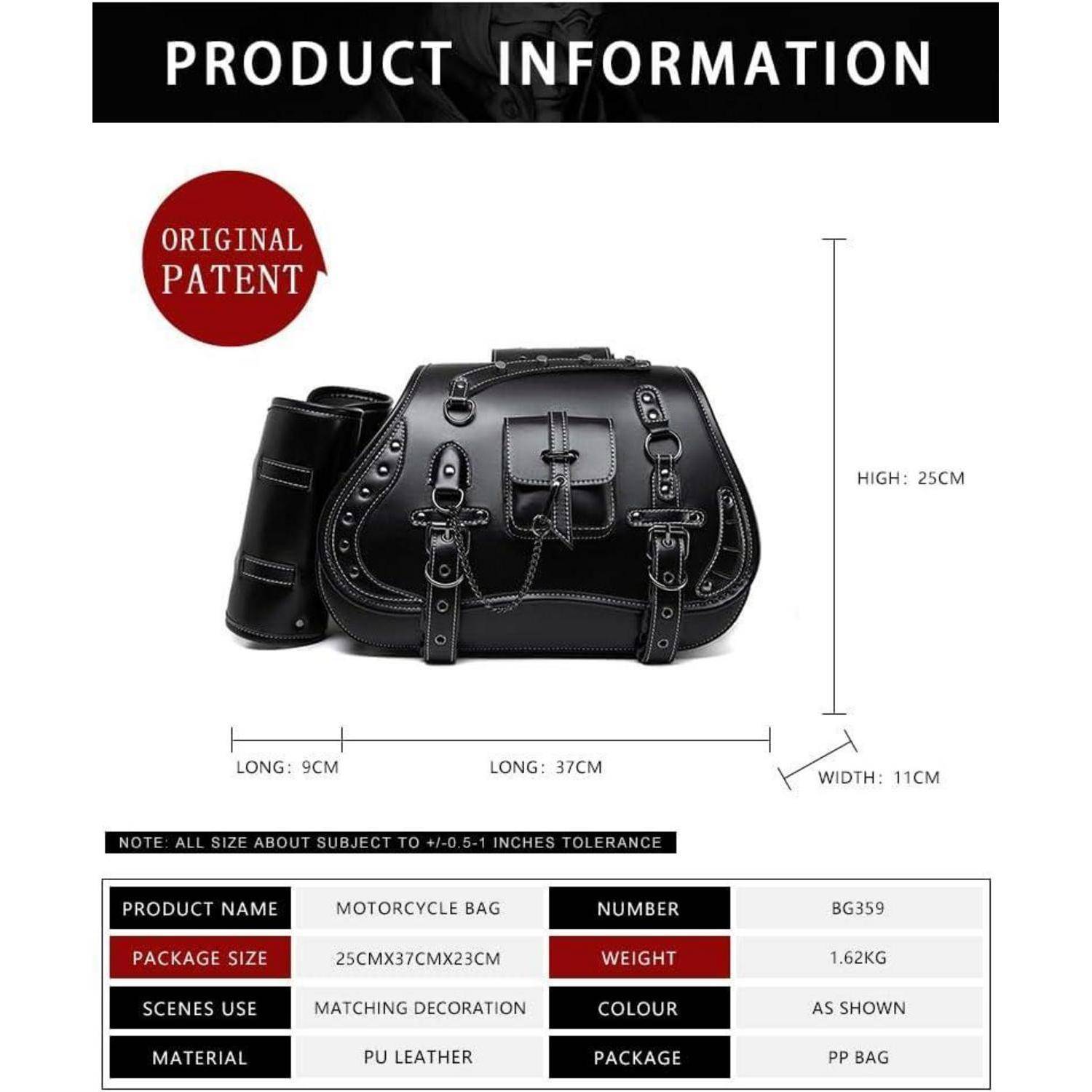 Produktinformationen für eine schwarze PU-Ledermotorradtasche; Größe 37 x 25 x 11 cm, Gewicht 1,62 kg, mit Abzeichen „Original Patent" und Abmessungen dargestellt.