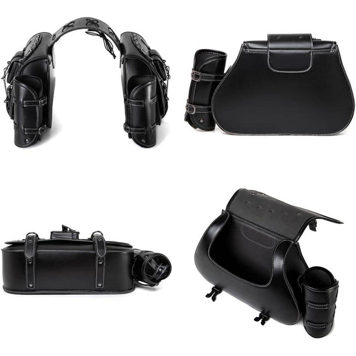 Schwarzer Leder-Motorrad-Satteltaschenset aus mehreren Blickwinkeln gezeigt, einschließlich Seitentaschen, Kofferraum und einer Roll-Tasche-Befestigung.