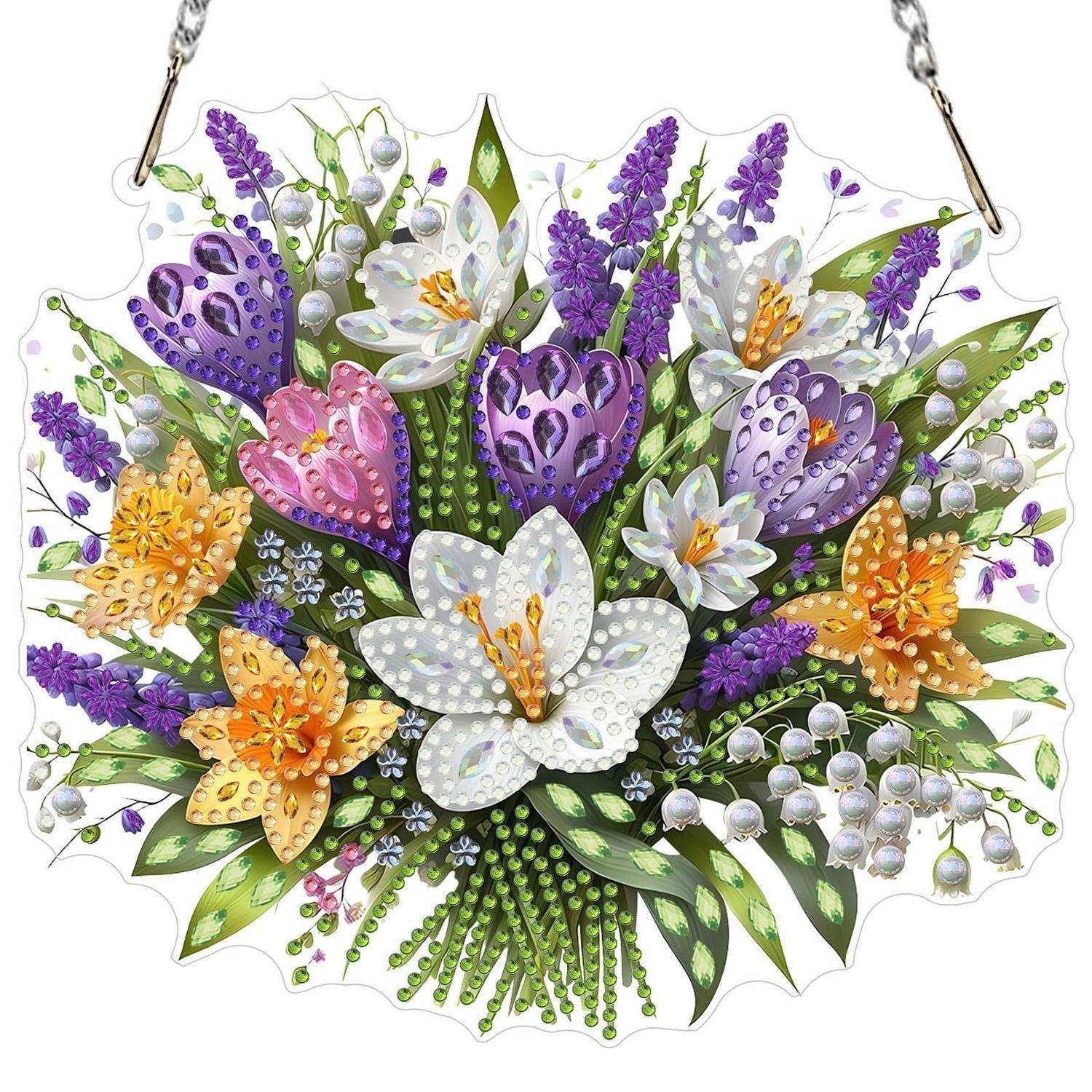 Dekoratives Blumensträußchen-Ornament mit funkelnden weißen, violetten, rosa und orangefarbenen Blüten, grünen Blättern und hängenden Kettenösen.