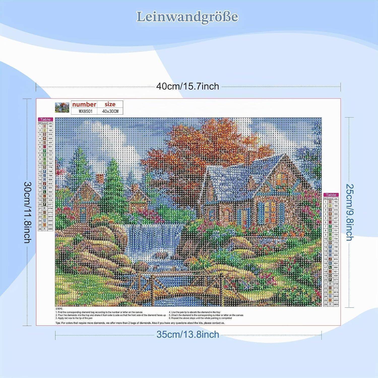 Produktbild eines Diamond-Painting-Sets, das eine Landschaft mit Cottage und Wasserfall zeigt; Abmessungen gekennzeichnet 40x30 cm, Bildfläche 35x25 cm.