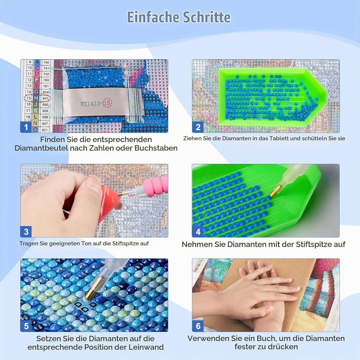 Anleitungsgrafik mit sechs Schritten für Diamantmalerei: identifizieren Sie das richtige Diamantpaket, gießen Sie Diamanten in das Tablett, tragen Sie Wachs auf die Stiftspitze auf, heben Sie Diamanten auf, platzieren Sie sie auf der Leinwand und drücken Sie sie mit einem Buch.