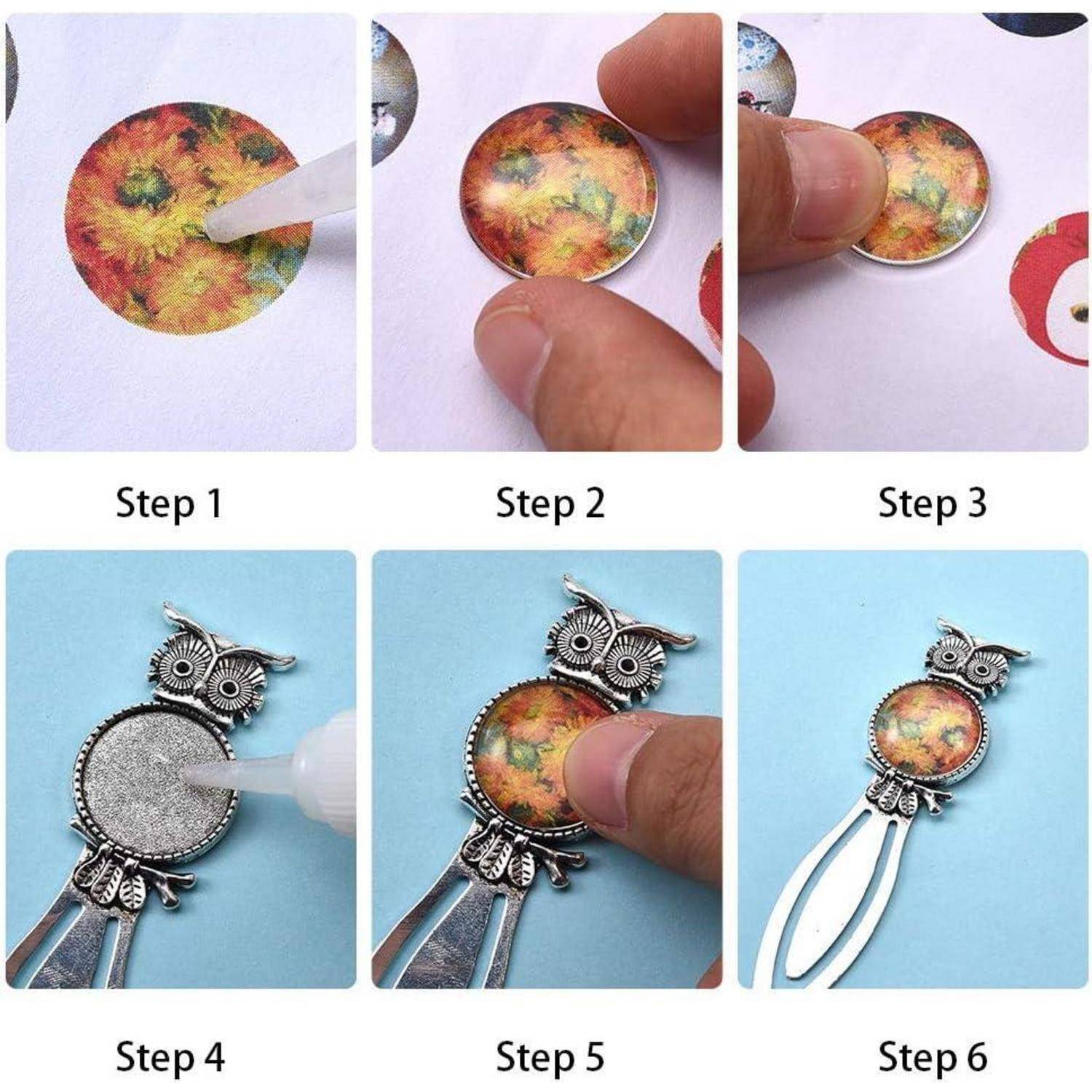 SUNNYCLUE 16 Stück 2 Farben Eule Hamsa Hand Lesezeichen Anhänger Tablett Kit Enthalten 8 Stück Metall Cabochon Lesezeichen Leer & 8 Stück Ovale Ru