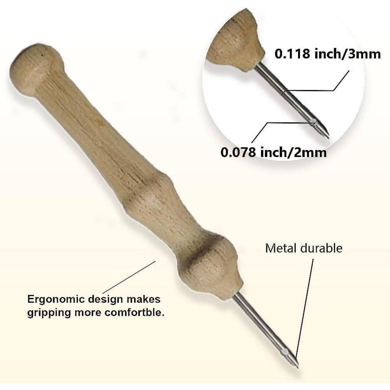 Metallpfriem mit Holzgriff und ergonomischer Griffform; die Vergrößerung zeigt 3mm Schaft und 2mm Spitze, bezeichnet als langlebiges Metall.