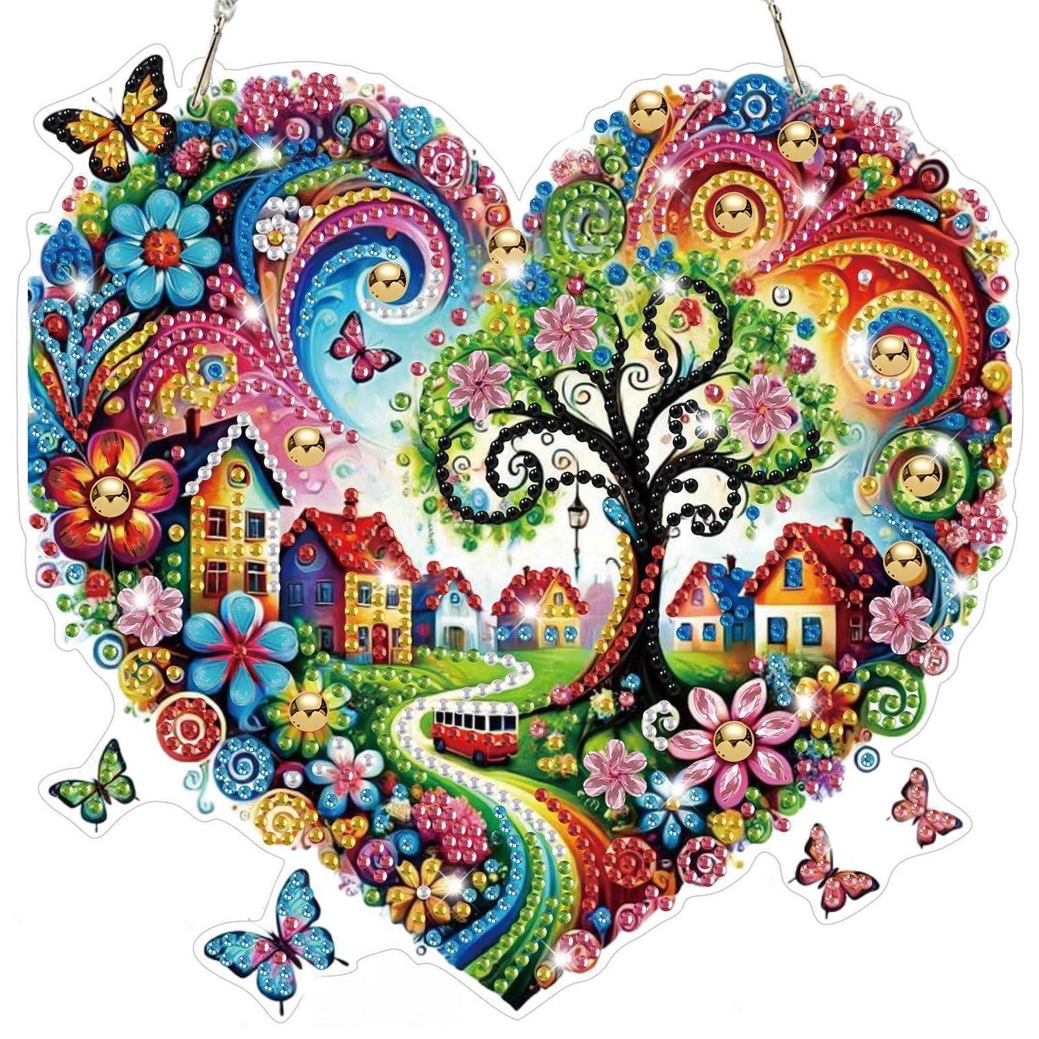 Bunte herzförmige Collage eines verspielten Dorfes mit Häusern, Regenbogenpfad, blühendem Baum, Schmetterlingen und wirbelnden dekorativen Mustern.