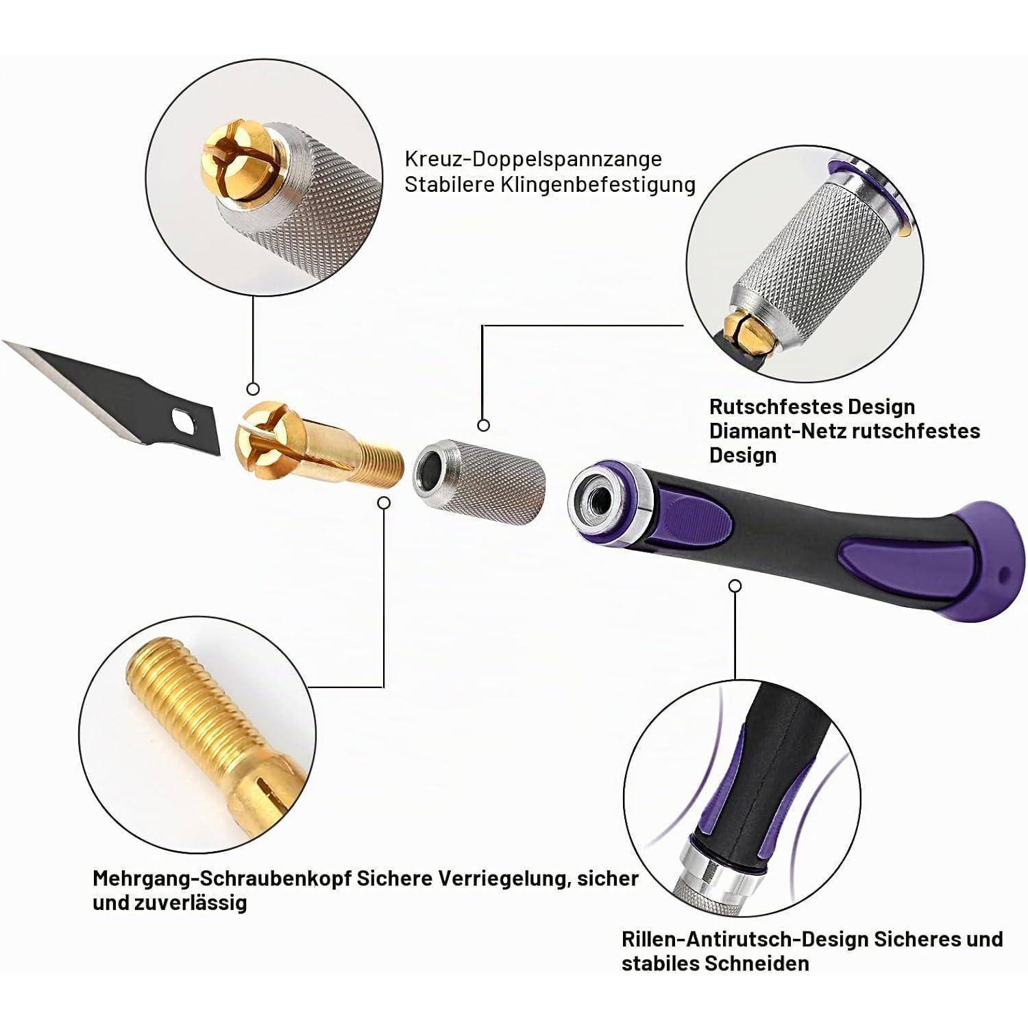 Kommentiertes Diagramm eines Universalmessergriffs mit Klingenhalterung, die folgende Schlüsselfunktionen zeigt: doppelte Klemmklingenhalterung, rutschfester Diamantmuster-Griff, Schraubenkopf und gerilltes rutschfestes Schnittdesign.