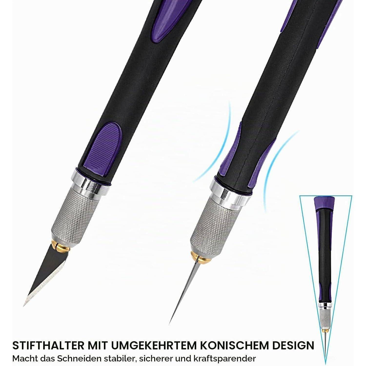 Nahaufnahme eines tragbaren Stifthalterwerkzeugs mit invertiertem Kegeldesign, gezeigt mit zwei austauschbaren Spitzen und deutschem Text, der eine Funktion „macht das Schreiben in einem neuen Stil" hervorhebt.
