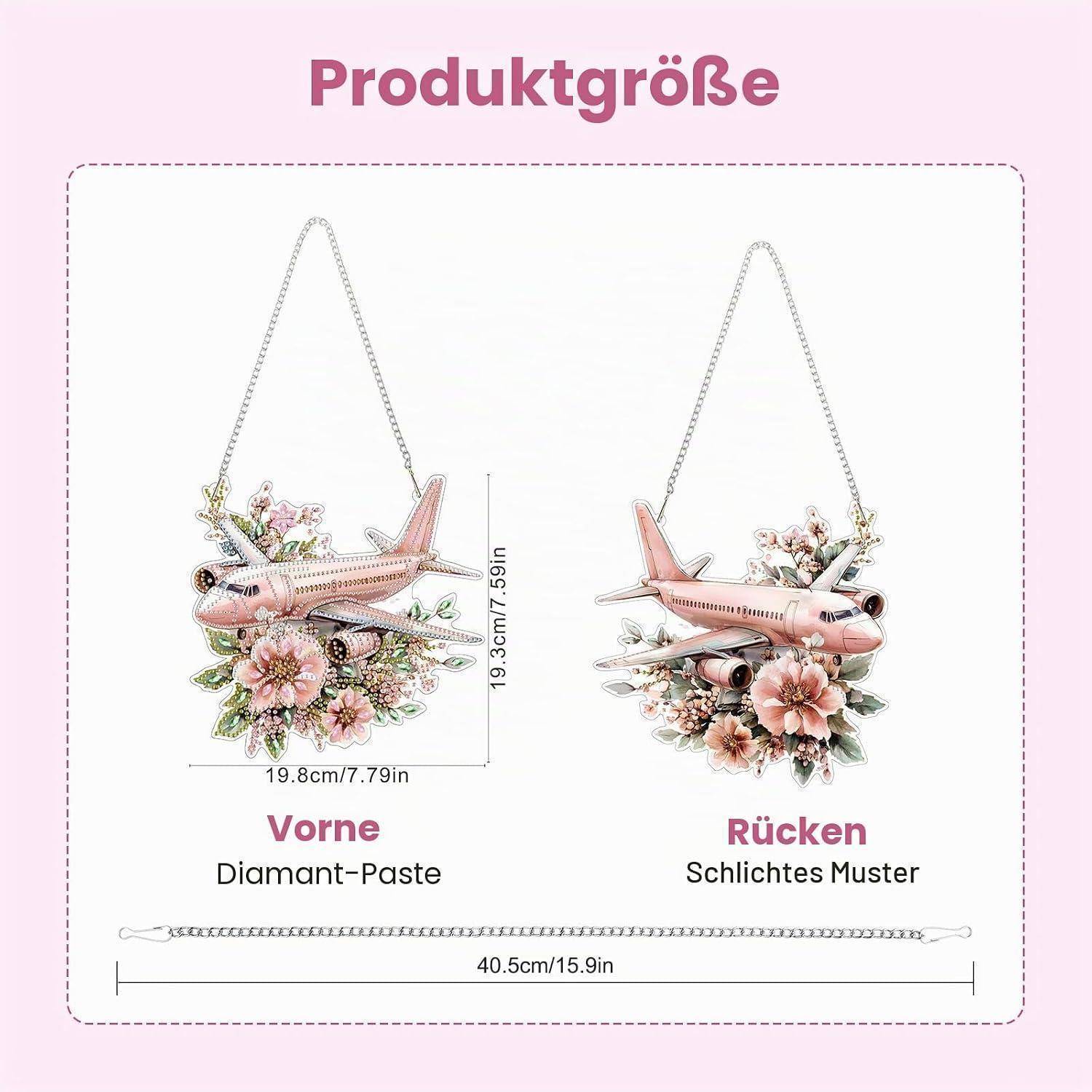 Produktgrößengrafik zeigt eine rosa Flugzeug-Blumenwandverkleidung, Vorder- und Rückansichten, mit Abmessungen von 19,8 cm Höhe und 40,5 cm Breite.