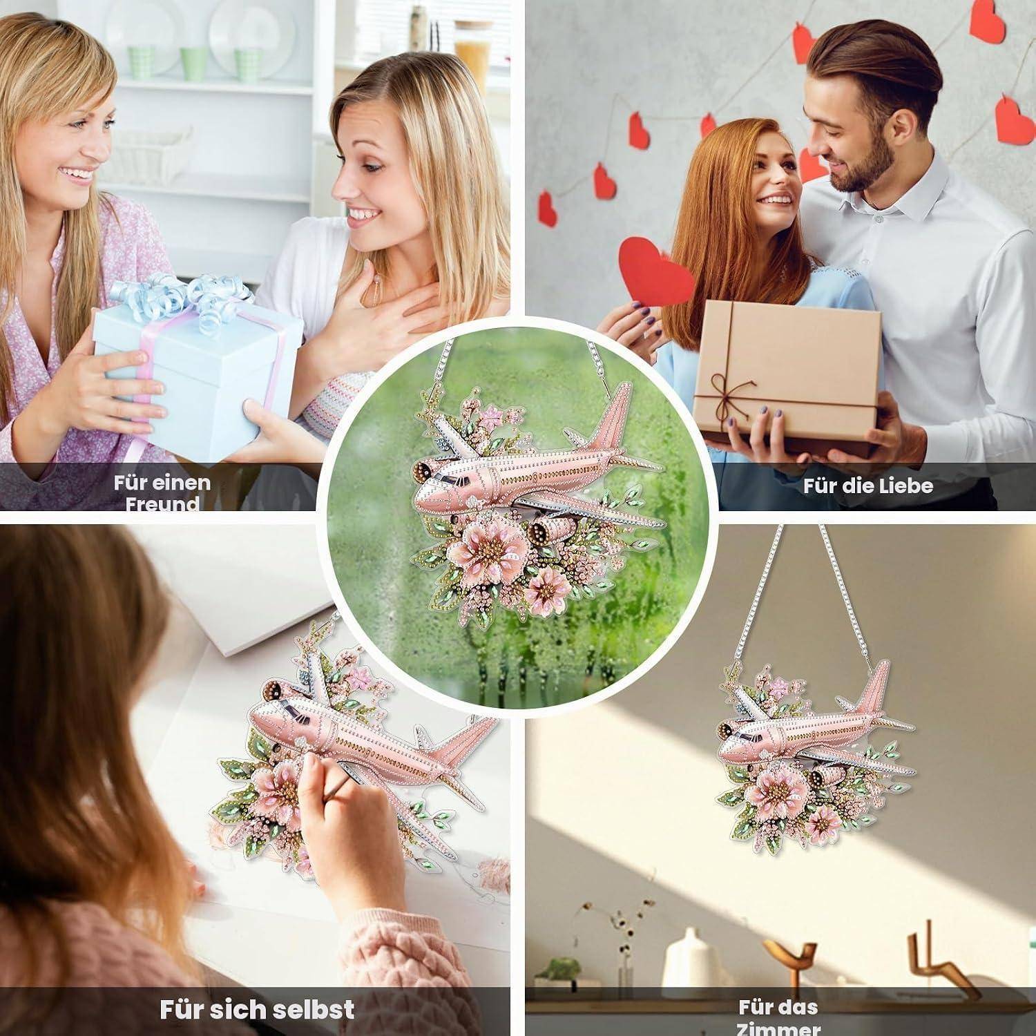 Geschenkideen-Collage: Eine Frau erhält ein Geschenk, ein Paar mit Geschenk und Herzen, sowie ein Kunsthandwerk einer flugzeugförmigen Blumendekoration mit Beschriftungen für eine Freundin, Liebe, dich selbst und das Zuhause.