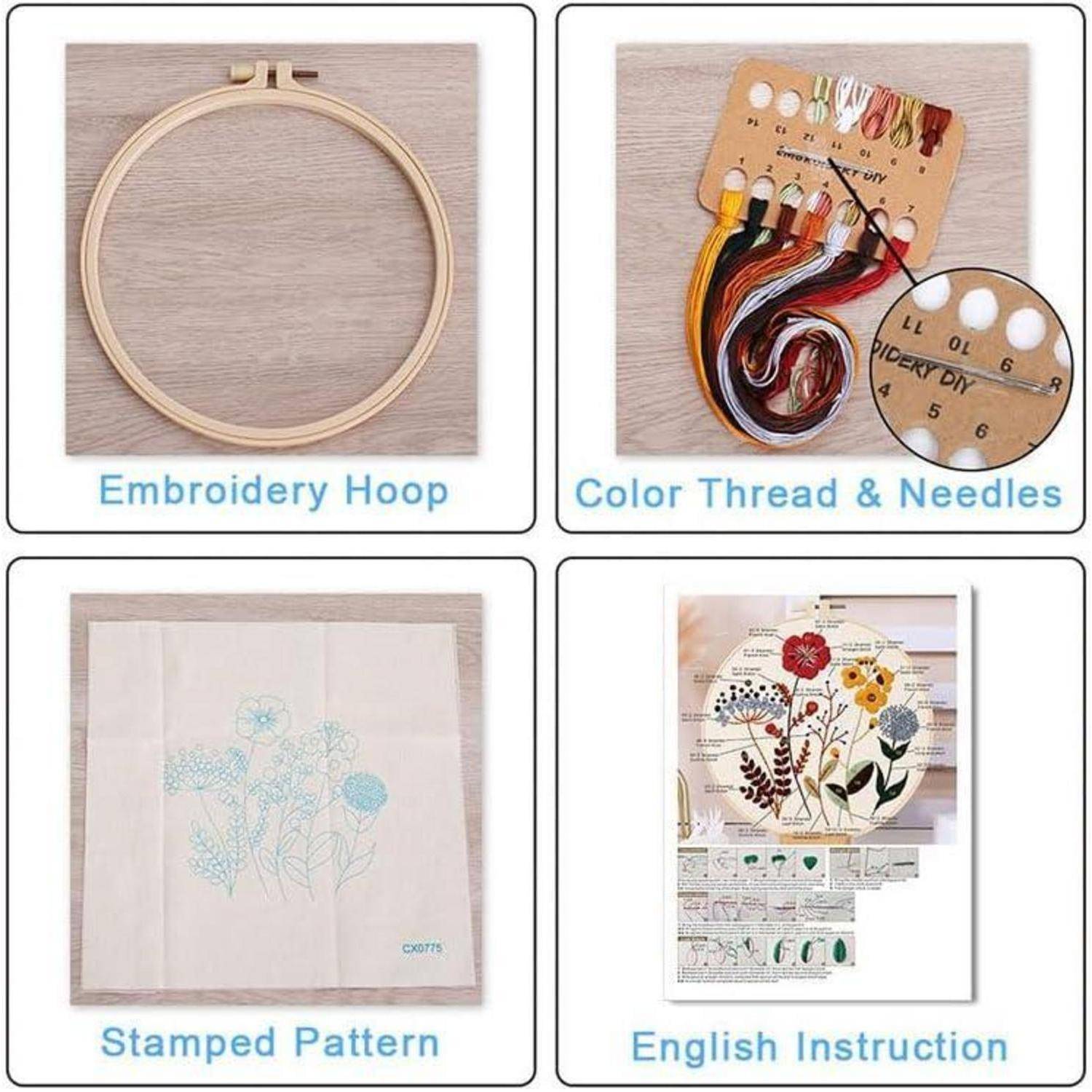 Vier-teiliges Stickerei-Set mit Stickrahmen, farbigen Garnen und Nadeln, einem gestempelten Blumenmuster und englischen Anweisungen.