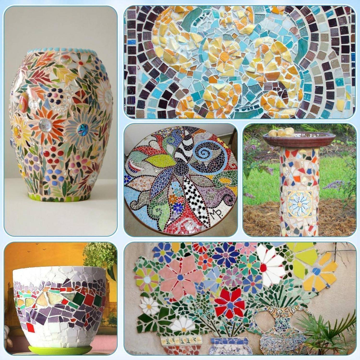 Collage aus bunter Mosaikkunst: eine verzierte Vase, florale und abstrakte Mosaikpaneele, ein Mosaik-Sockel, ein Mosaikpflanzer und ein Wandgemälde mit Blumen und Pflanzen.