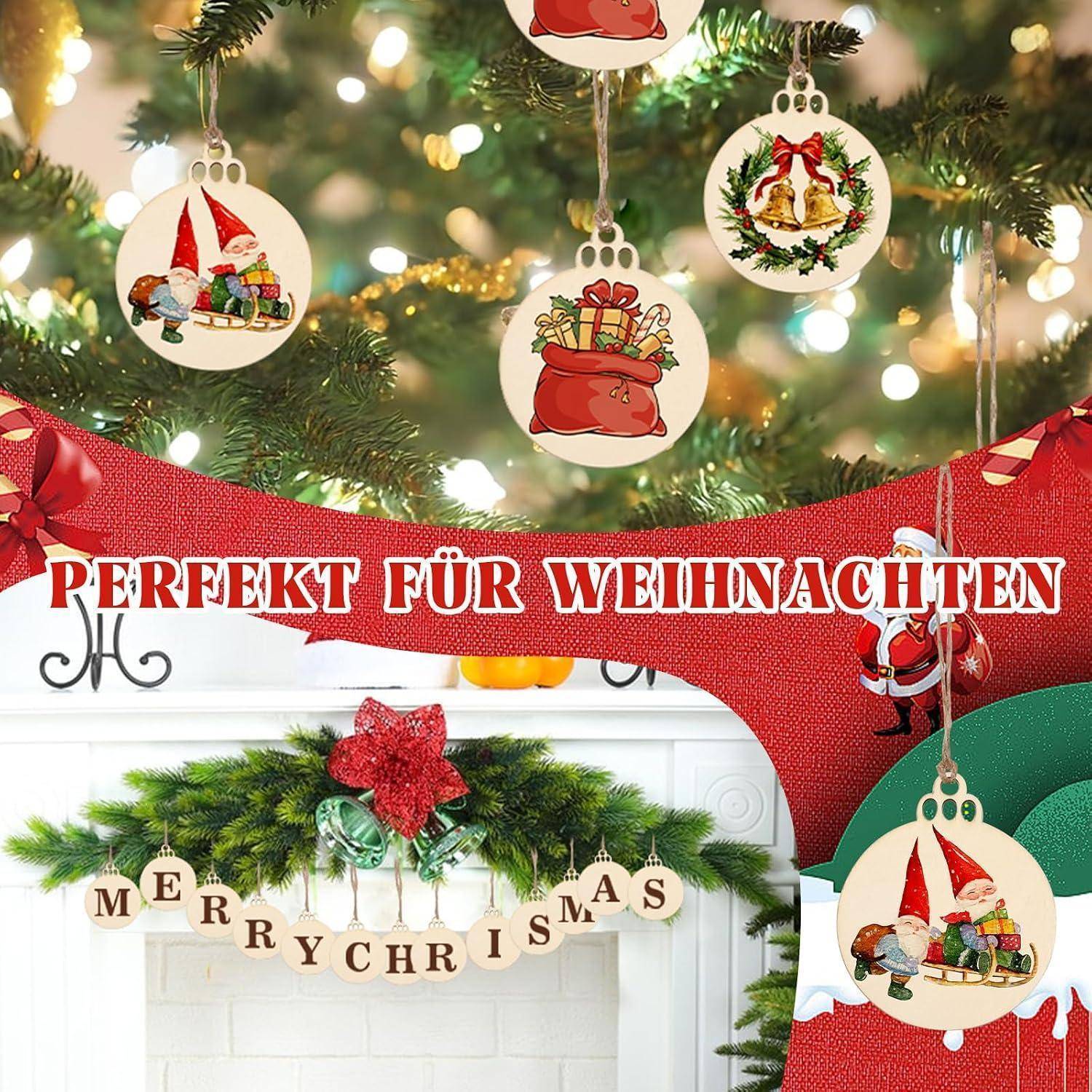 Weihnachtlich gestaltete Heimdekoration mit Baumschmuck und einer Girlande; Bannertexte lesen sich „PERFEKT FÜR WEIHNACHTEN