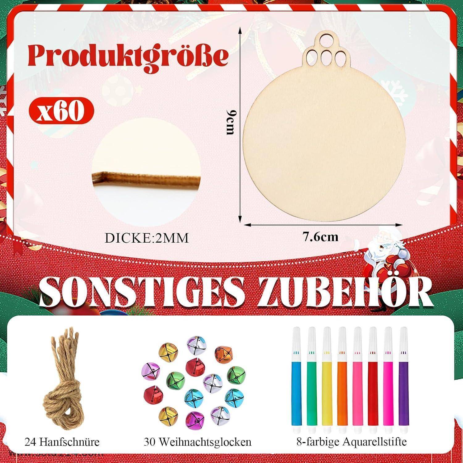 Werbeproduktbild für einen 7,6 cm runden Holzornament-Rohling, 2 mm dick, 60er Pack, mit zubehör: Hanfschnur, 30 Glöckchen und 8 Aquarellstifte.