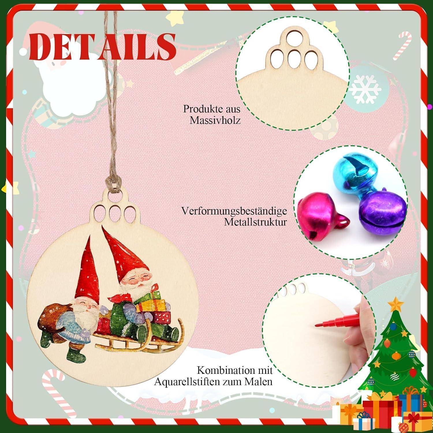 Weihnachtsbaumschmuck aus Massivholz mit Metallrahmen; kann mit Aquarell-Stiften bemalt werden, gezeigt mit Wichtel-Schlitten-Design und Detailausschnitten.