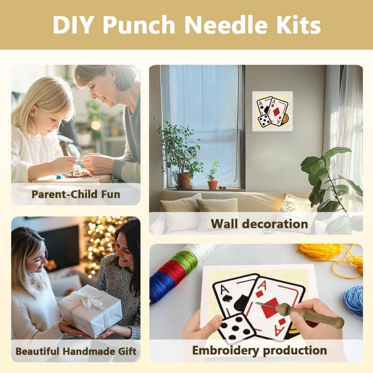 Collagenwerbung für DIY-Stichnadel-Sets zum gemeinsamen Spaß von Eltern und Kindern, zur Wanddekoration, handgefertigten Geschenken und zur Stickproduktion, mit Fotos von Handwerkszenen und fertigen Designs.