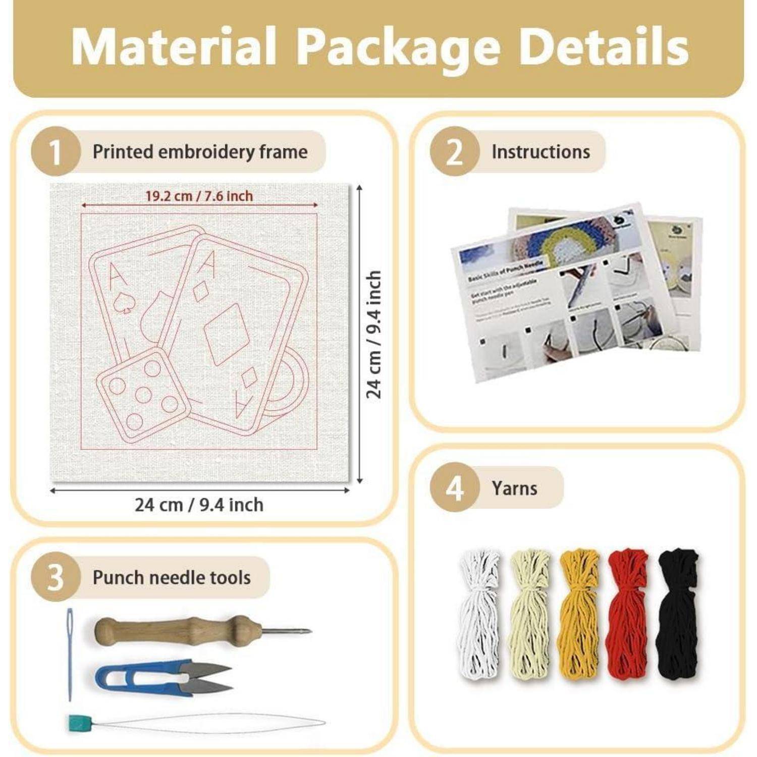 Materialpaketdetails für ein Stickset: bedruckter Rahmen, Anleitung, Punch-Needle-Werkzeuge und Garnfarben, mit Rahmengröße 24 cm x 24 cm.