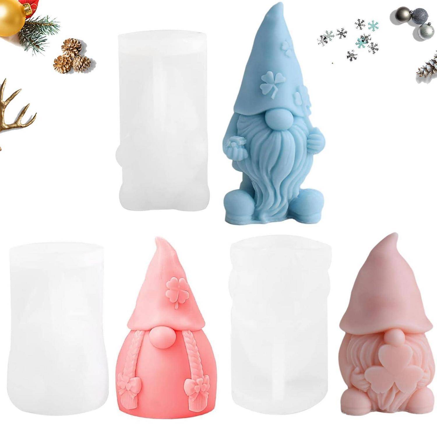 Sortierte Silikonformdesigns für kleine Gnomdekofiguren, gezeigt in Weiß, Blau, Rosa und Beige auf einem schlichten Hintergrund mit Weihnachtsdekoration.