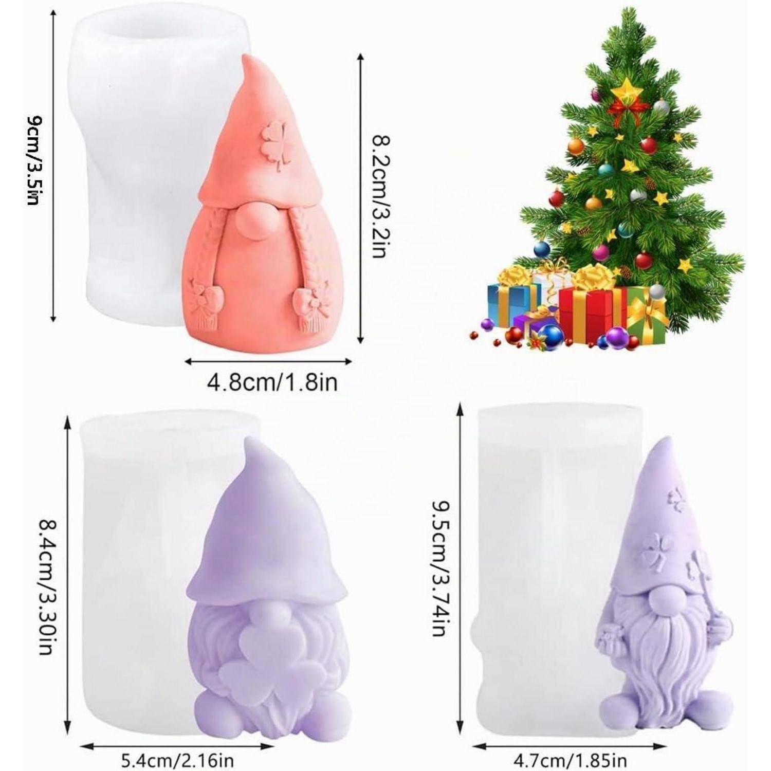 Collage von Silikon-Gussform-Beispielen: Zwergenförmige Harzfiguren in Rosa und Violett neben durchsichtigen Formvorlagen, mit einem geschmückten Weihnachtsbaum, der die vorgesehene Verwendung zeigt.