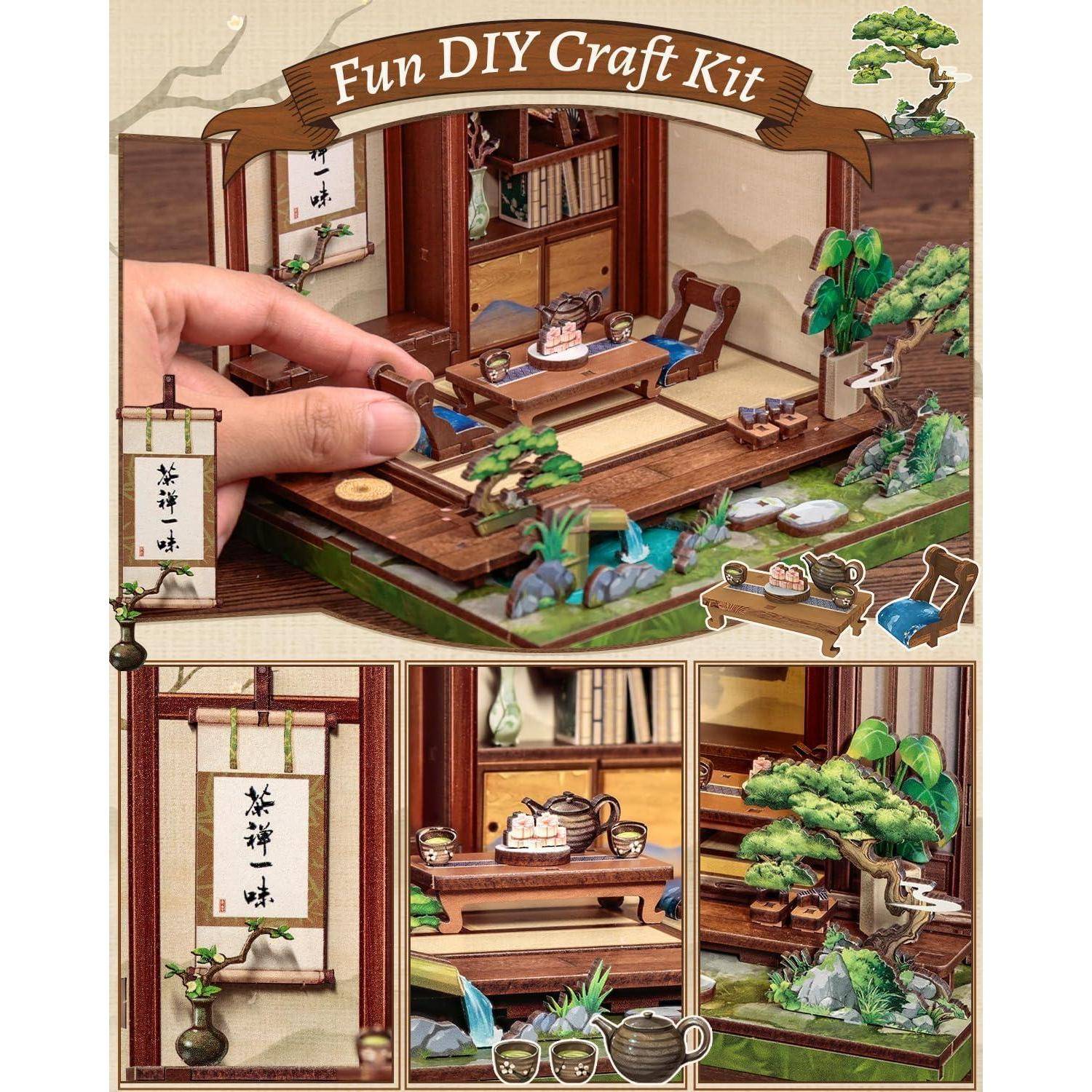 DIY Miniatur-Japanisches Teezimmer Handwerk-Set mit Holzhaus, Garten, Tegetisch und dekorativer Bonsai-Ausstellung, gezeigt in zusammengestellten Szenen.