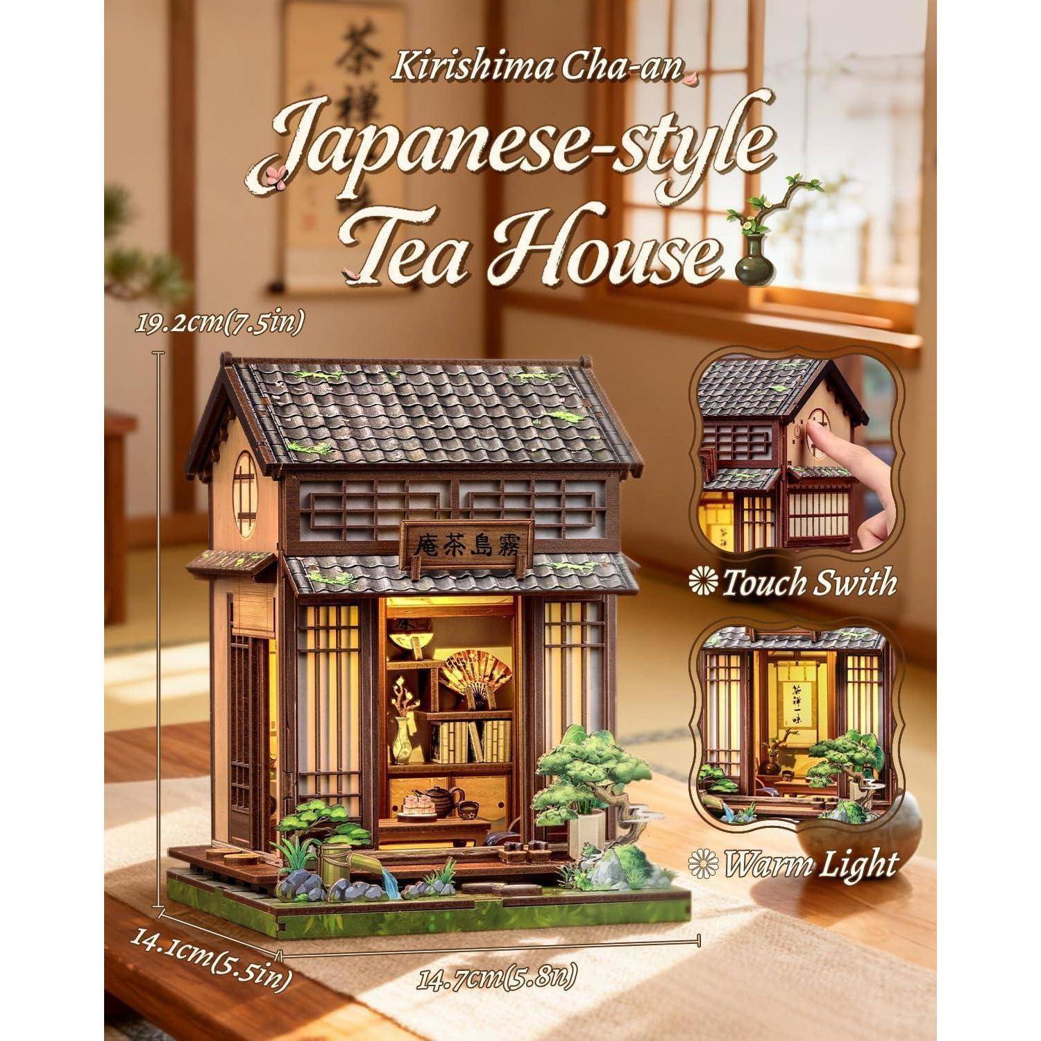 Produktbild eines Kirishima Cha-un japanischen Teehaus-Miniaturmodellbausatzes, der ein beleuchtetes zweistöckiges Teehaus mit 