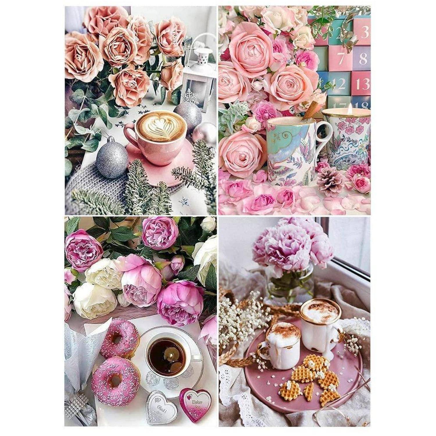 Vier pastellfarbene florale Flat-Lay-Szenen mit Rosen, Kaffeetassen, rosa Donuts und dekorativen Geschenken auf Tabletts und Tischen.