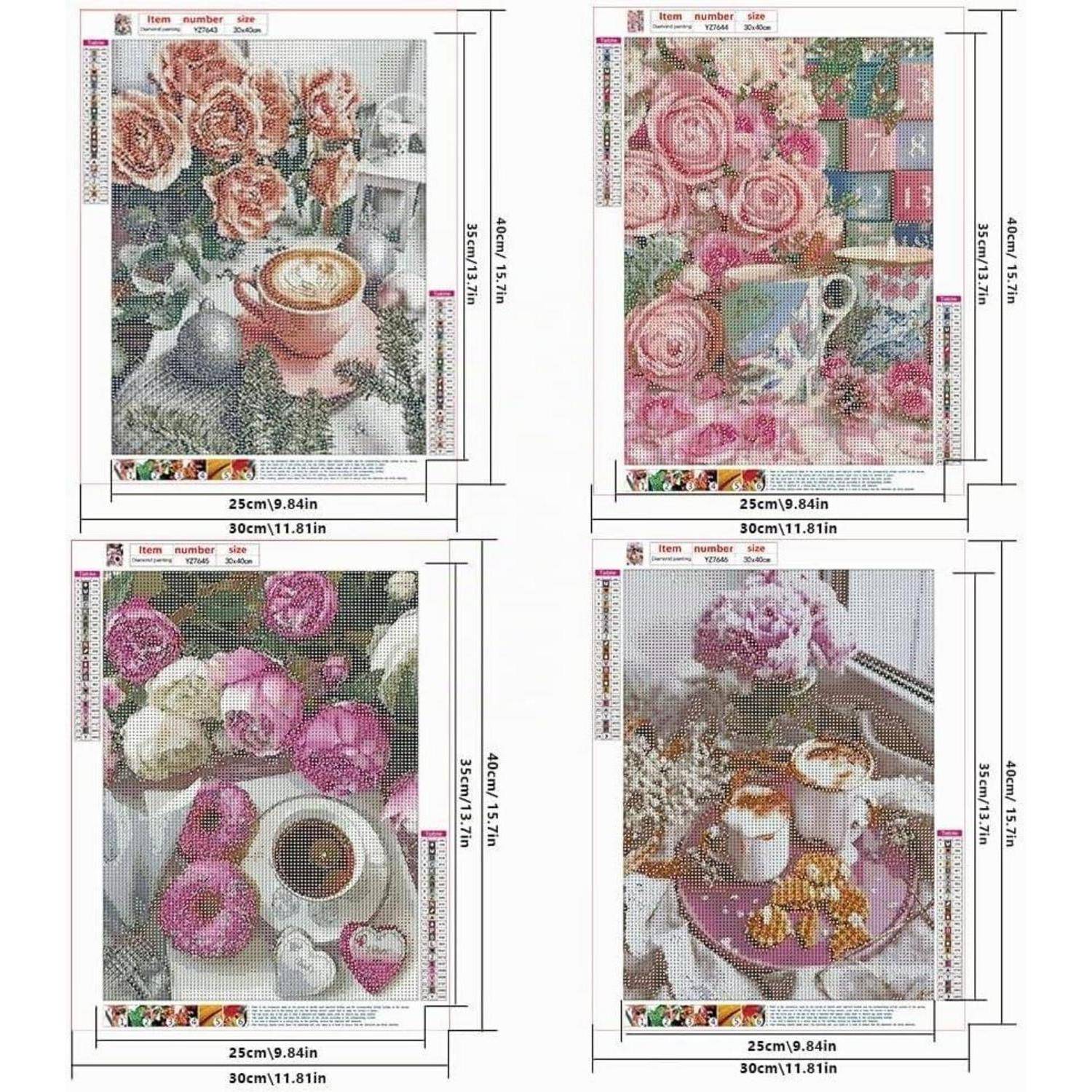 Vier Vorschau-Sets für Diamantmalerei zeigen florale Stillleben mit Kaffeetassen und Herzen; jedes misst 25 cm mal 30 cm, etwa 10 mal 12 Zoll.