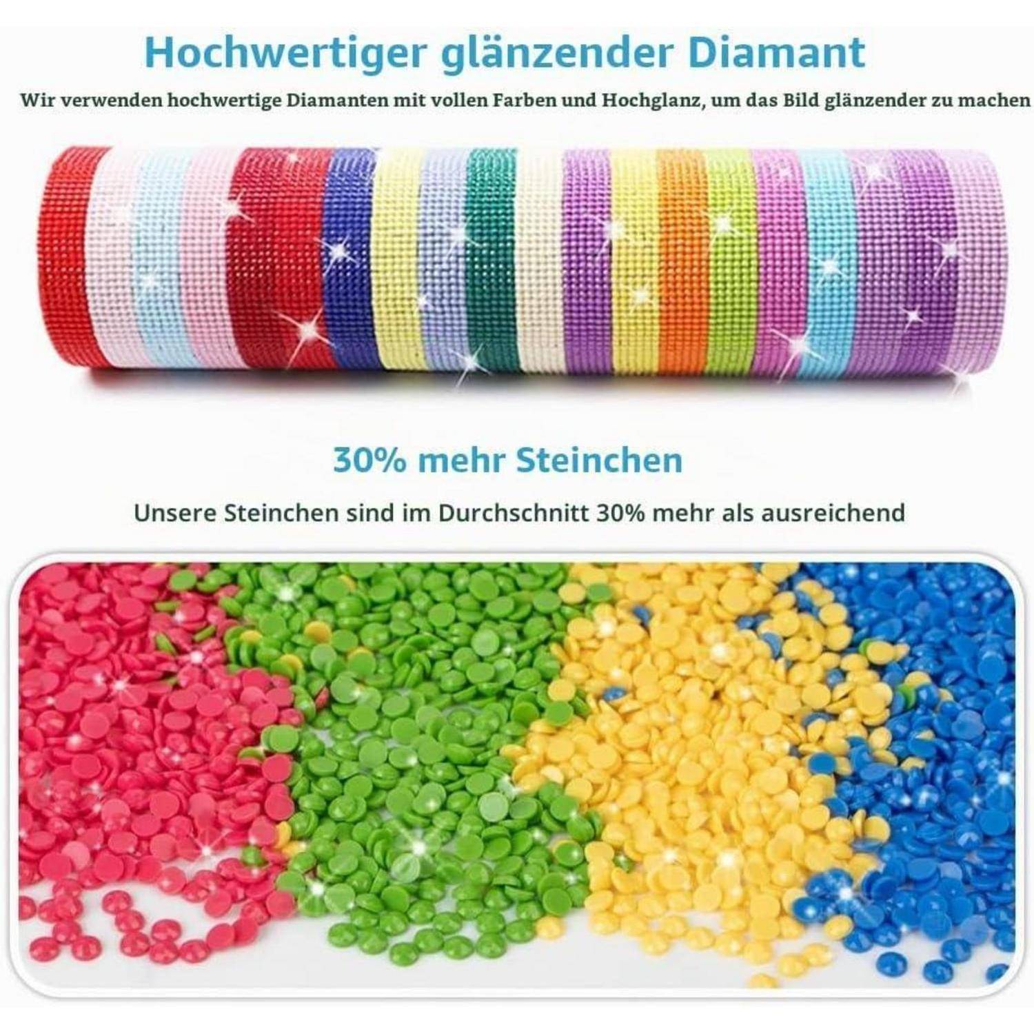 Farbenfrohe Strass-Rolle mit deutschem Text, der hochglänzende Diamanten und „30% mehr Steinchen