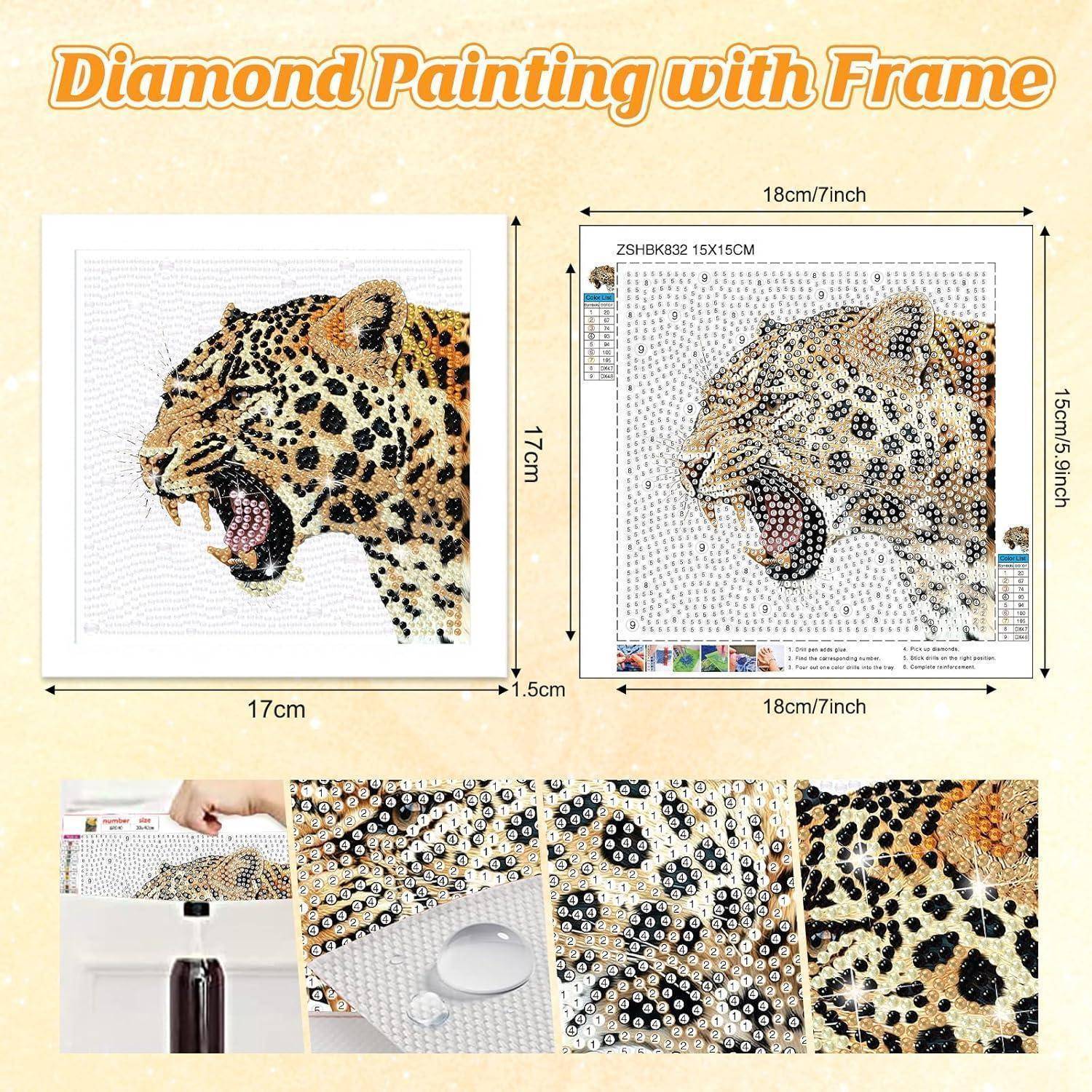 Diamond Painting mit Rahmensatz, das ein Leopardenporträt zeigt; enthält Größenmessungen und vergrößerte Detailpanels des Perlenmusters.