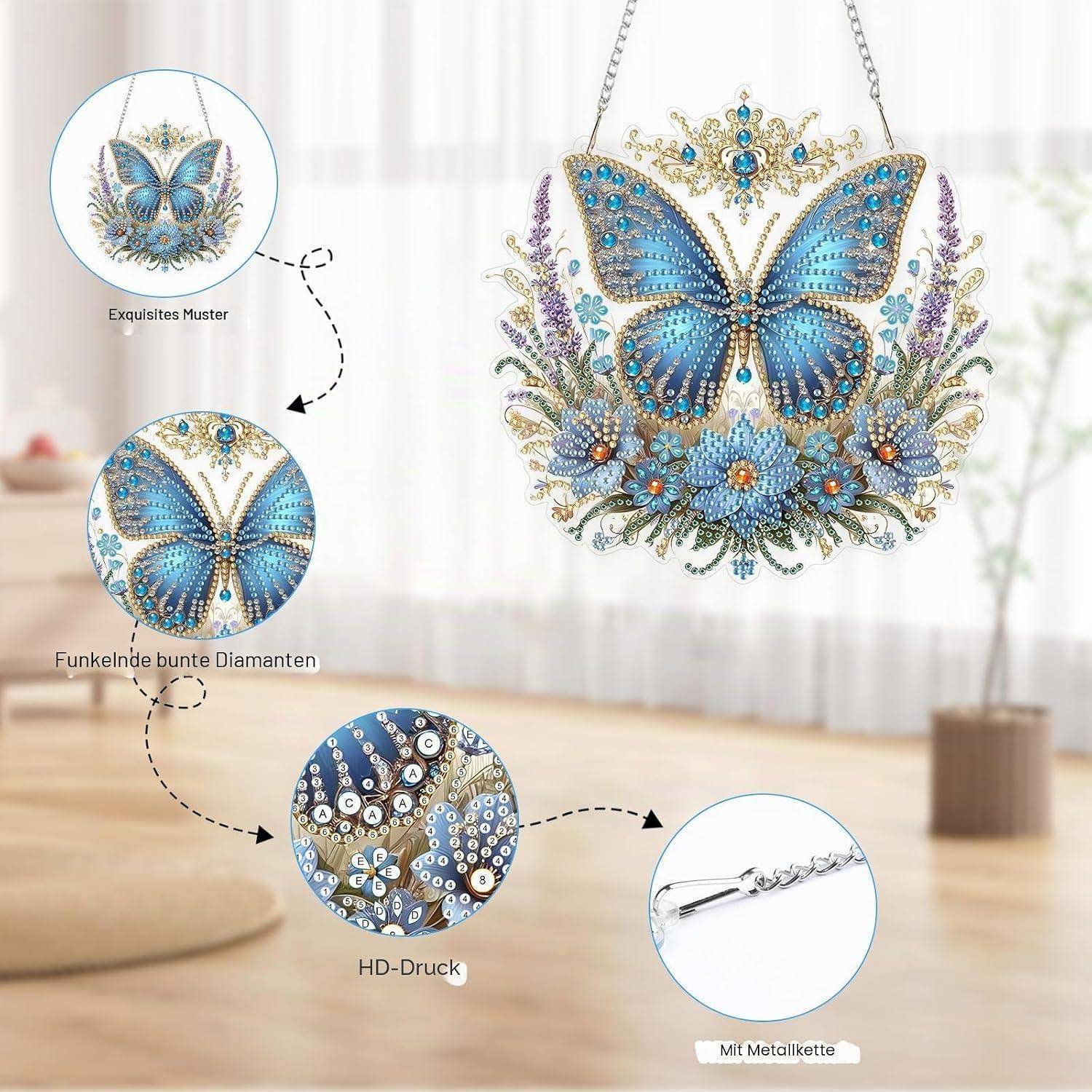 Kristallanhänger-Halskette mit blauem Schmetterling mit floralen und funkelnden Details, gezeigt mit detaillierten Vergrößerungen mit den Beschriftungen „Exquisites Muster