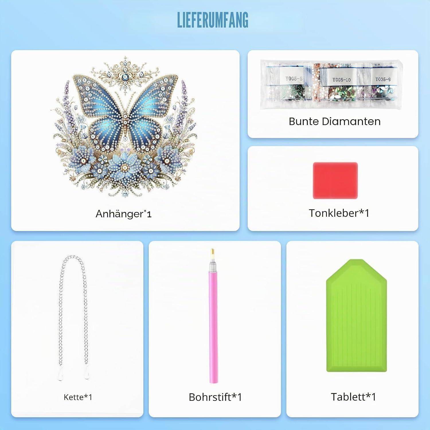 # Diamond Painting Set Inhalte: Schmetterlings-Anhänger, bunte Diamanten, roter Klebstoff, Kette, rosafarbener Bohrstift und grünes Tablett