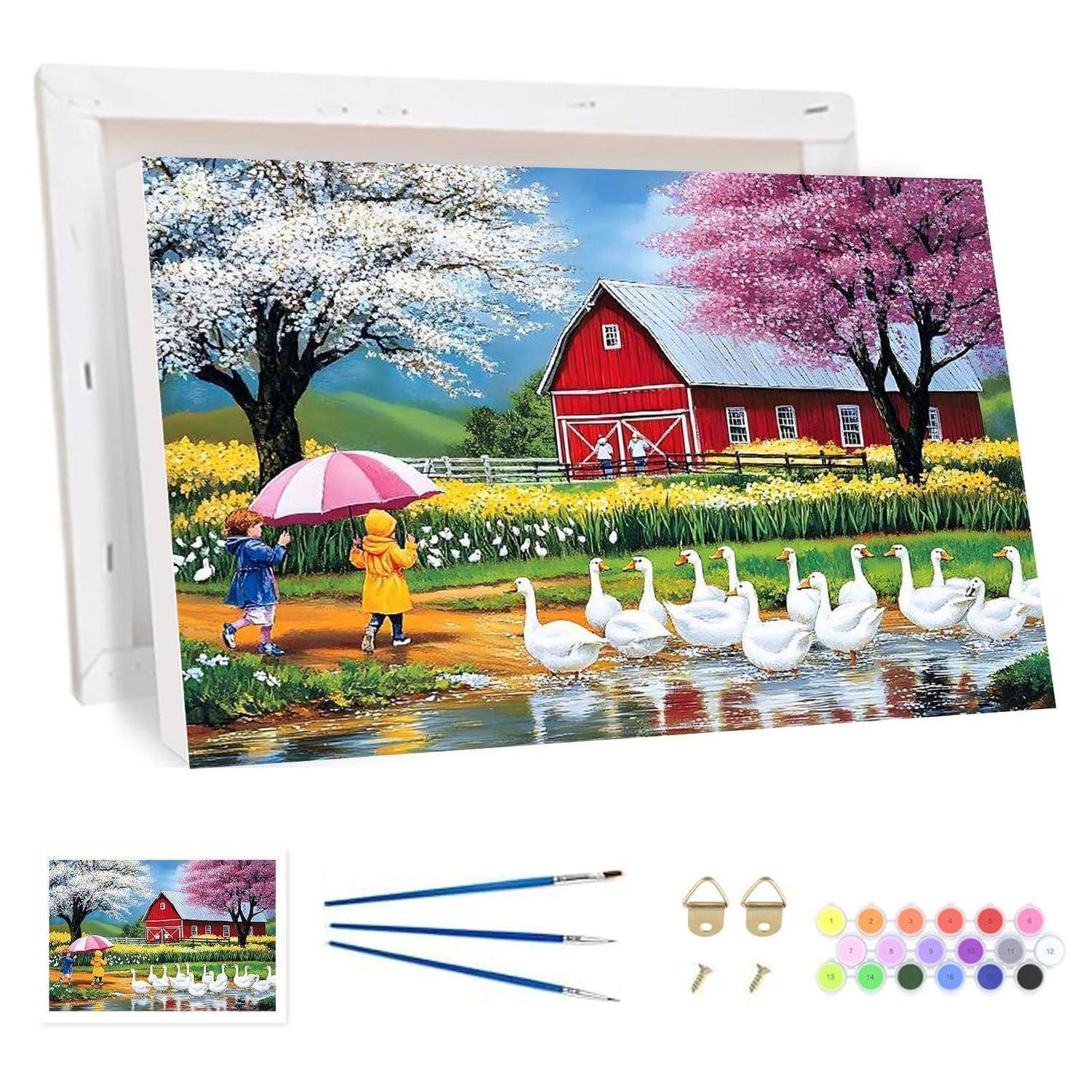 Malen-nach-Zahlen-Set mit einer Frühlingsbauernhofszene mit einer roten Scheune, blühenden Bäumen, Kindern unter einem Regenschirm und Gänsen an einem Teich, plus Pinseln und Farbkübeln.