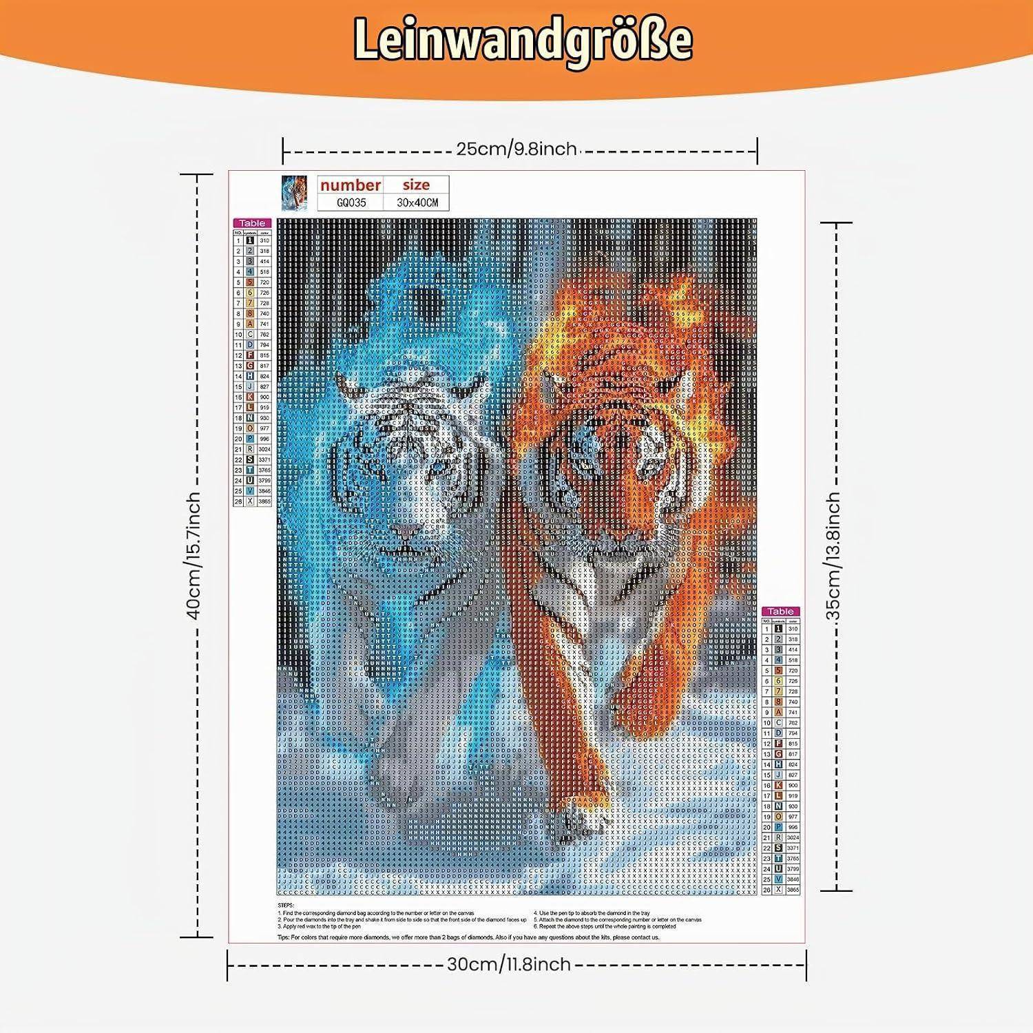 Diamond-Malerei-Set mit zwei Tigern, die durch Schnee laufen, beschriftet mit „Leinwandgröße