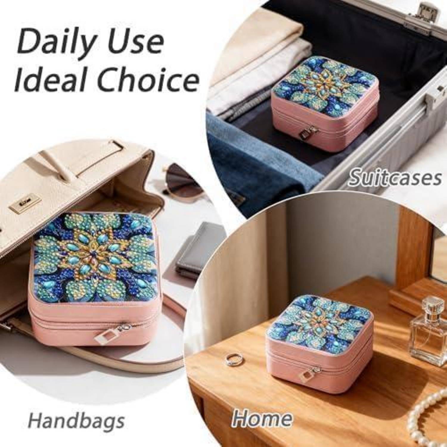 Eine Werbekollage zeigt ein kleines rosa quadratisches Etui mit floraler Mosaikdeckel, das für den täglichen Gebrauch gekennzeichnet ist und sich für Koffer, Handtaschen und Lagerhaltung zu Hause eignet.
