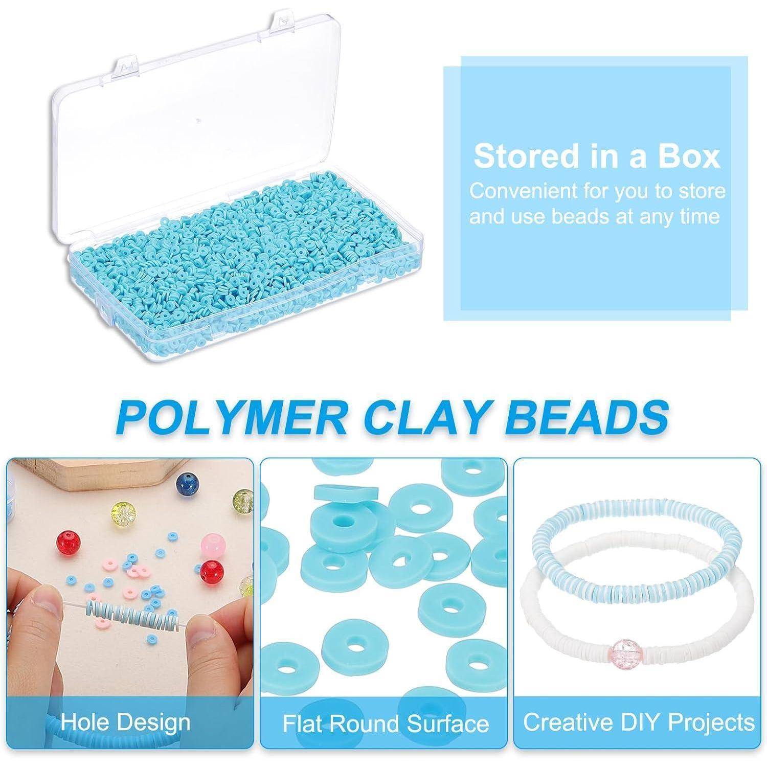 Werbebild für Polymerton-Perlen in einer Aufbewahrungsbox, das das Lochdesign, die flache runde Oberfläche und DIY-Armband-Projekte hervorhebt.