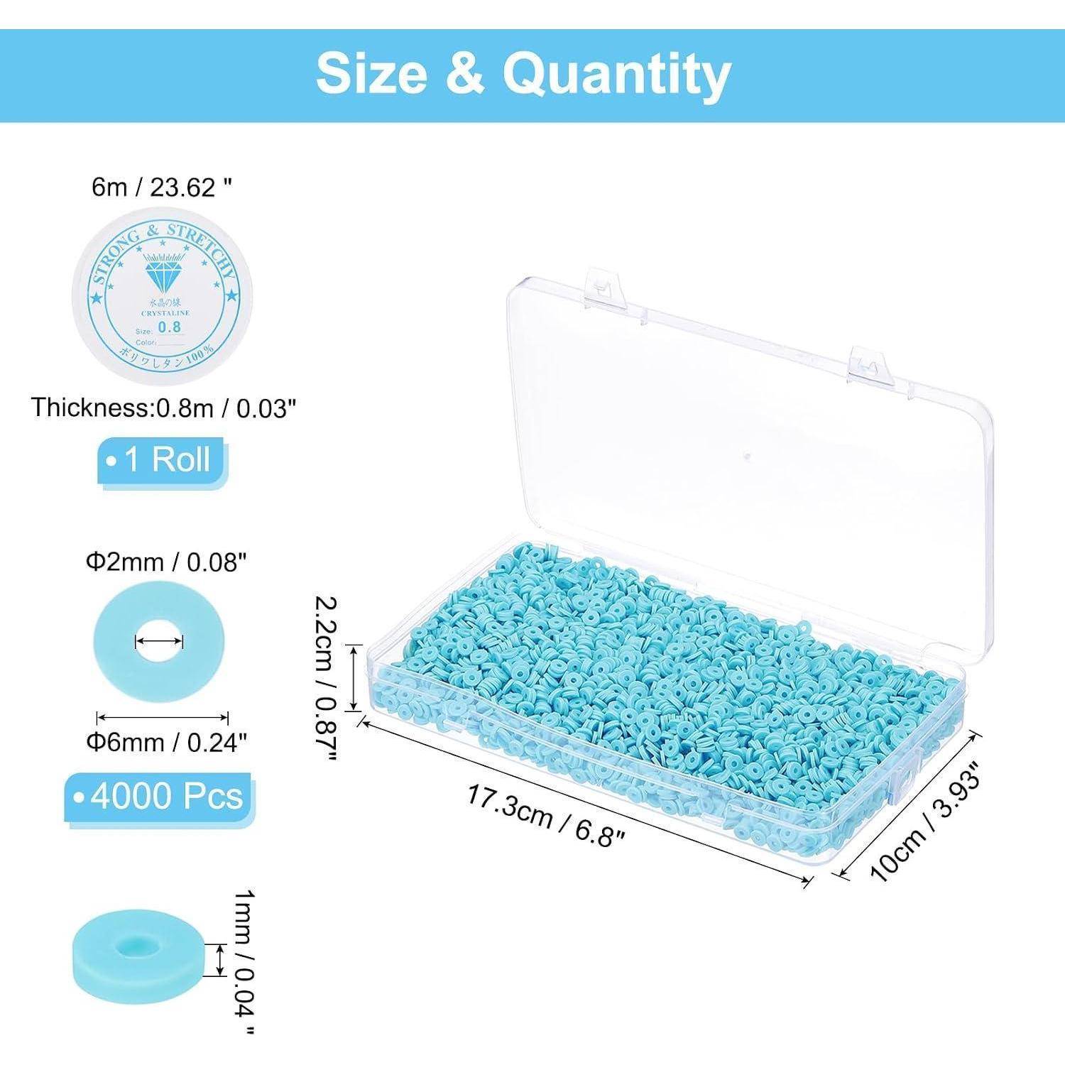 Größen- und Mengendiagramm für blaue flache Perlen: 1 Rolle, 4000 Stück, 6m Gesamtlänge, 0,8mm dick, 2mm Loch, 6mm Perle, in einem 17,3 x 10 x 2,2 cm Behälter.