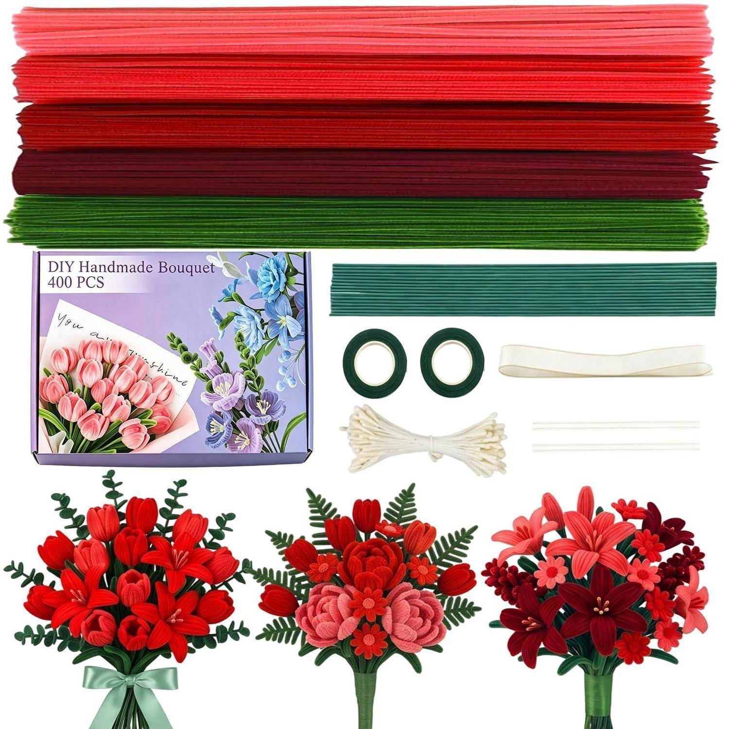DIY-Bastelset für Blumensträuße zum Selbermachen mit farbigen Blütenstängeln, Klebeband, Schleife und Blumenverpackungen; unten sind drei fertige rote Straußbeispiele zu sehen.