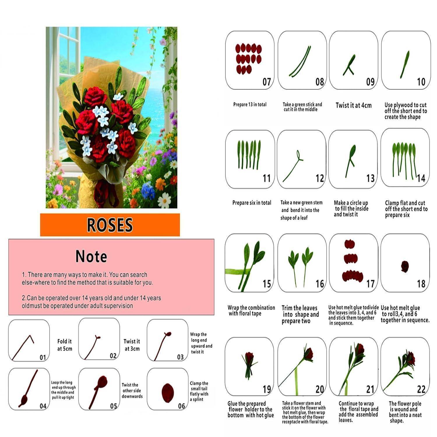 Pfeifenreiniger Blumen Set 400tlg. Bastelset mit 5 lebhaften Farben Schritt-für-Schritt Anleitung Chenilledraht für DIY Blumensträuße kreative Ges