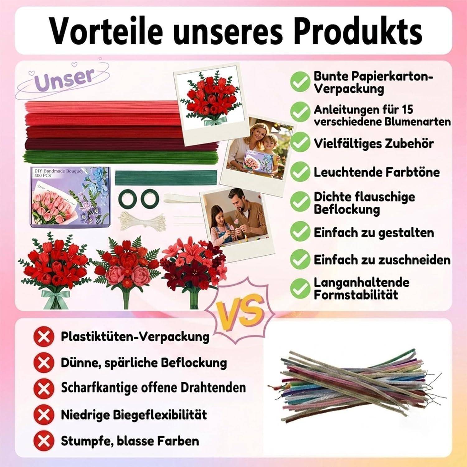 Produktvergleich-Grafik für Blumenstraußmaterialien. Der obere Bereich listet Produktvorteile auf, darunter farbiges Papierverpackung, Anleitung für 15 Blumensorten, Zubehör, leuchtende Farben, dichtes weiches Flocking, einfaches Formen und Schneiden sowie stabile Formbeständigkeit; der untere Bereich kontrastiert Plastiktütenverpackung mit Nachteilen wie dünnes Flocking, scharfe Drahtenden, geringe Flexibilität und matte Farben.