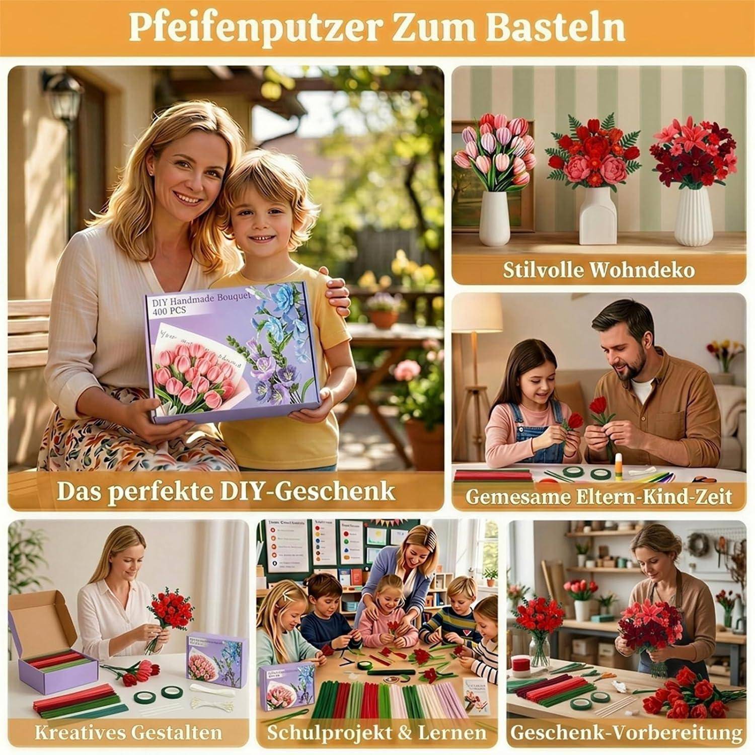 Collage für ein DIY-Pfeifenreiniger-Blumensträußchen-Bastelset, das zeigt fertige Blumensträuße, Heimdekoration, Eltern und Kinder beim Blumenmachen und Schulprojektverwendung.