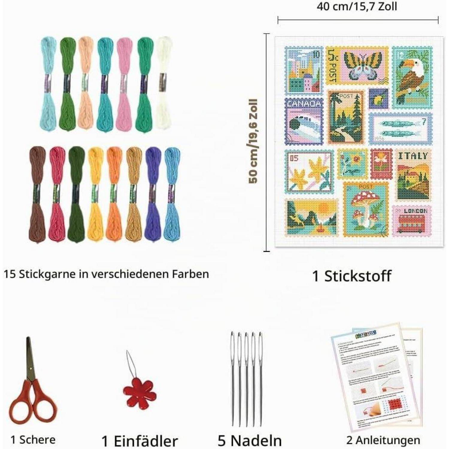 Stickgarn-Set mit 15 Knäueln in verschiedenen Farben, einem Stoffstück, einer Schere, einer Fadeneinfädler, 5 Nadeln und 2 Anleitungsblättern; Stoffgröße 40 x 50 cm.
