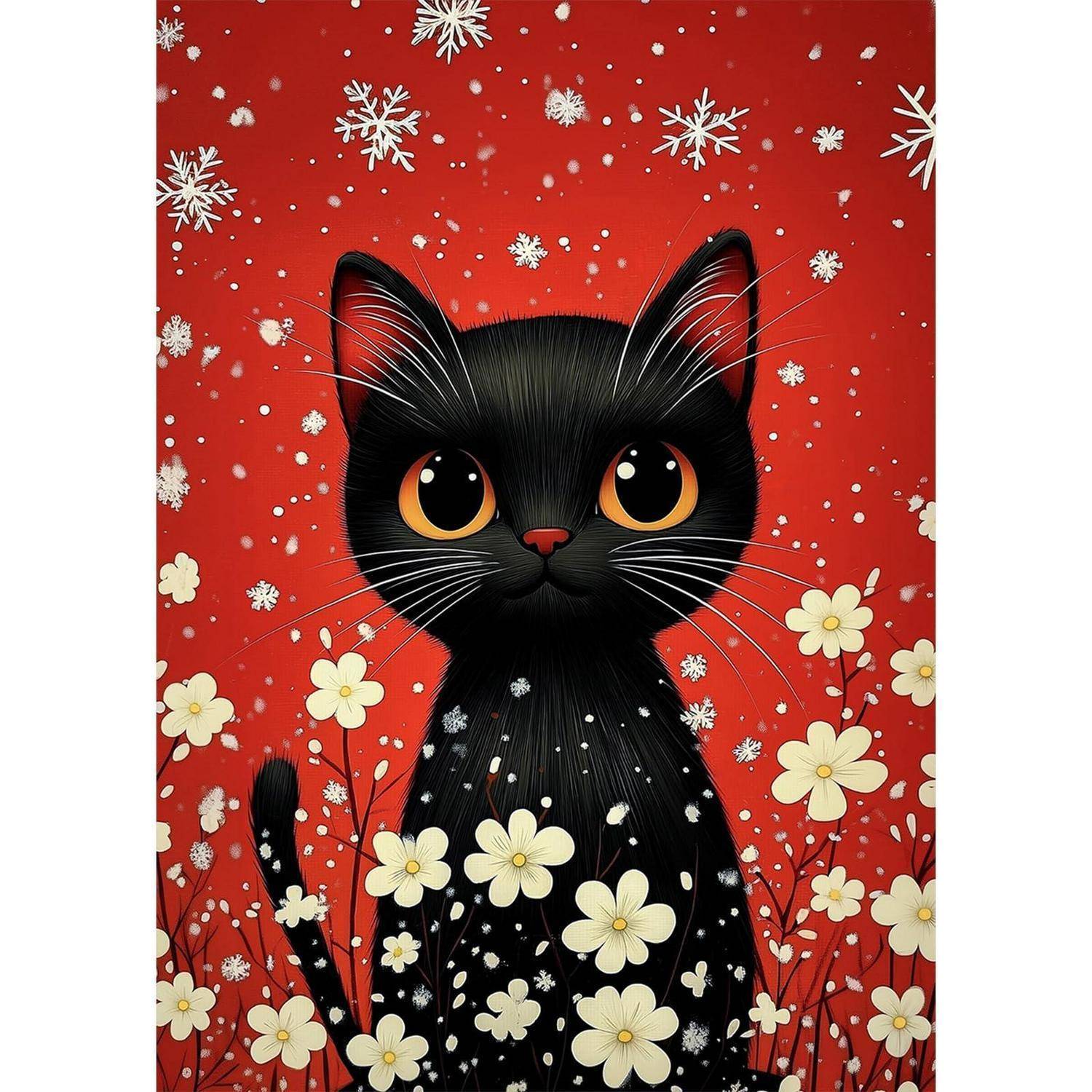Eine schwarze Cartoon-Katze mit großen orangefarbenen Augen steht zwischen weißen Blumen, während Schnee vor einem leuchtend roten Hintergrund fällt.