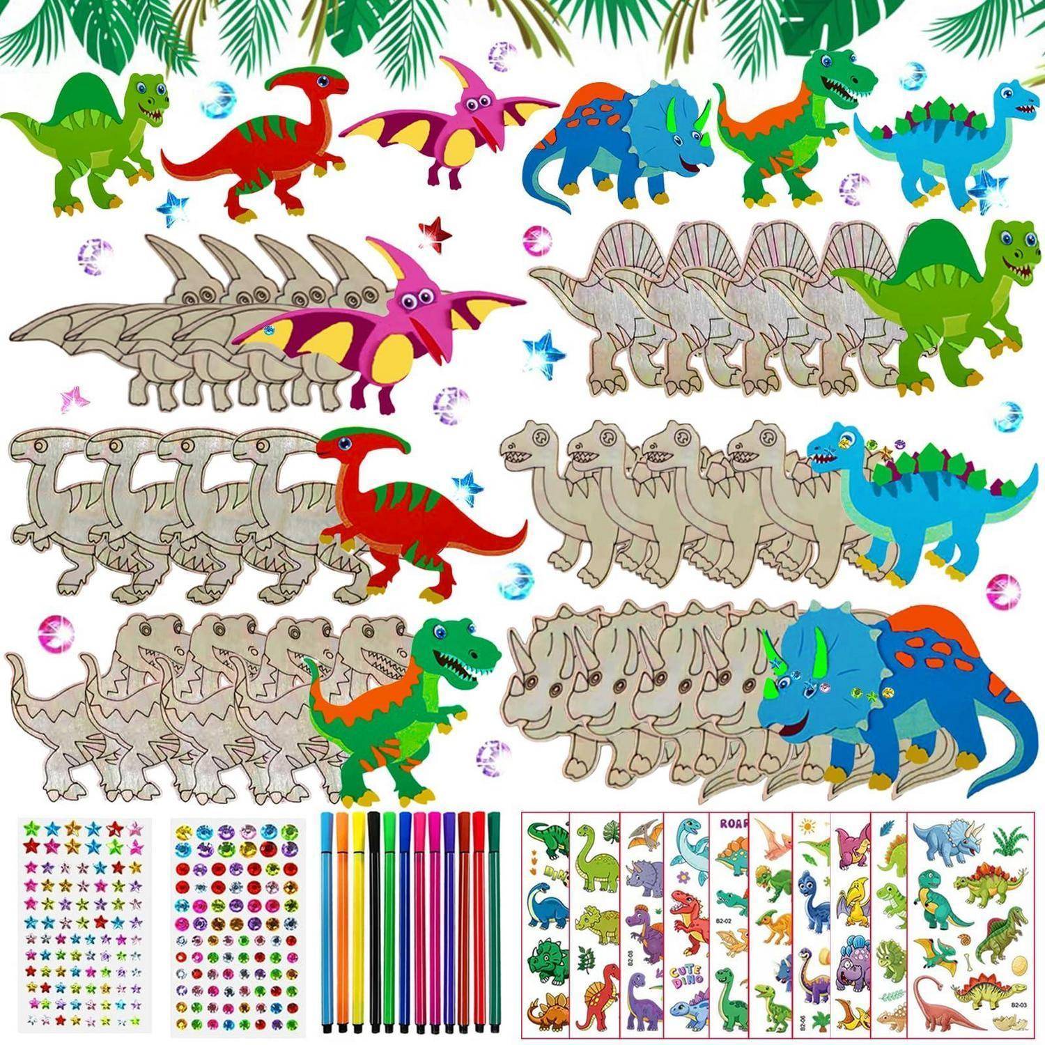 Bunte Dinosaurier-Stickerbogen mit mehreren Cartoon-Dinosauriern in Reihen, plus Sternen, Emoji-ähnlichen Kreisen, farbigen Stiften und kleinen Stickerpanels unten.