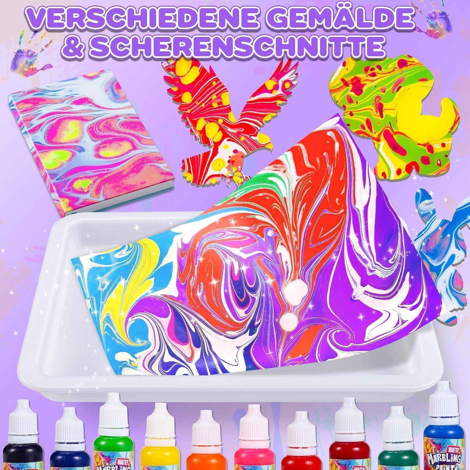 Bunte marmorierte Malbeispiele und Schnittformen auf einem Tablett, mit dem deutschen Titel „Verschiedene Gemälde & Querschnitte