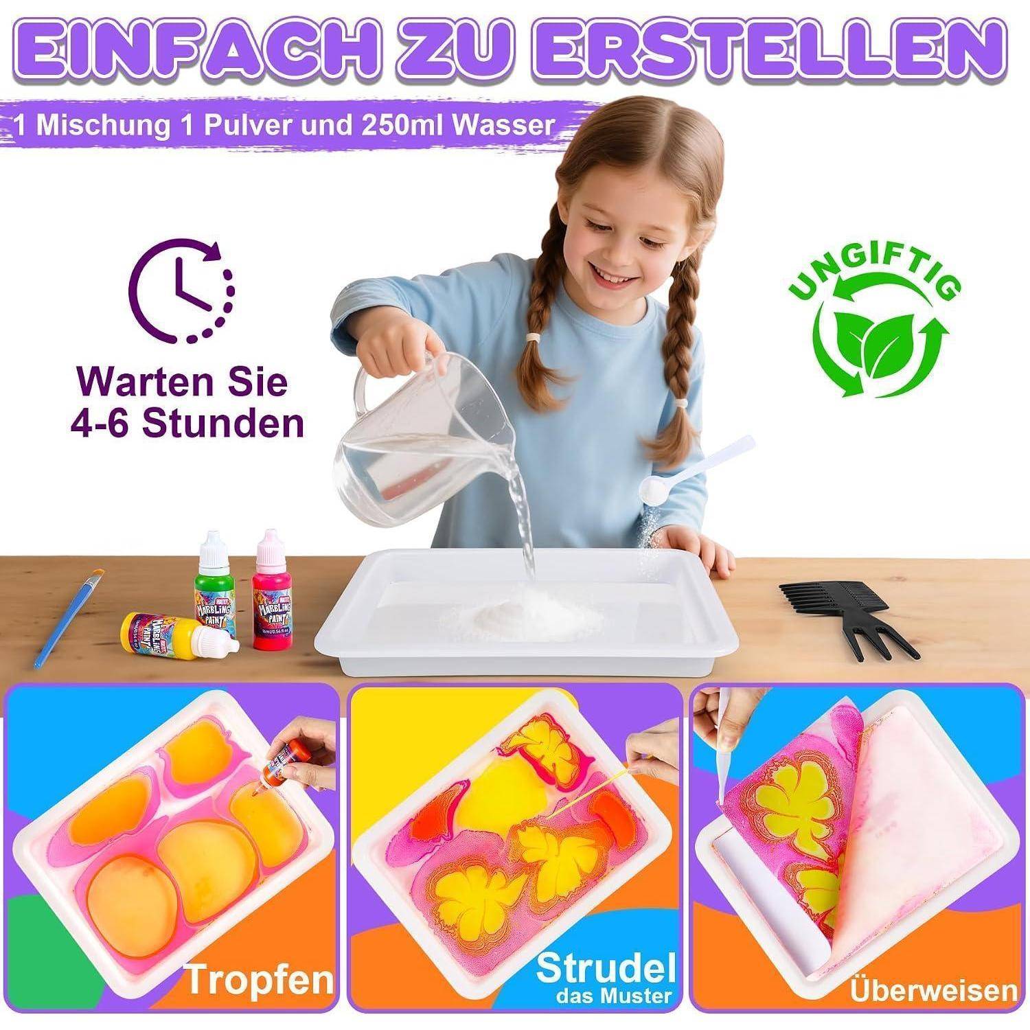 Mädchen gießt Harzgemisch in Tablett; deutscher Text sagt Pulver 1 mit 250 ml Wasser vermischen, 4-6 Stunden warten, ungiftig, mit Tropf-, Wirbel- und Gießmethoden.